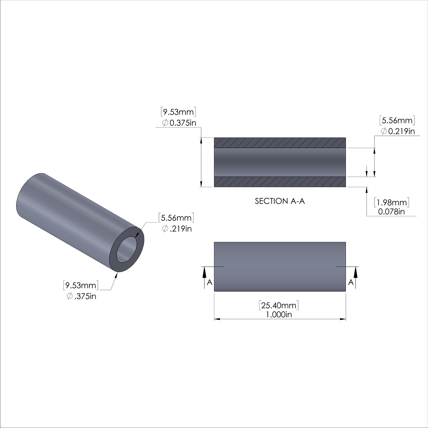 Aluminum Spacer 3/8'' OD x .219'' ID x 1.000'' Long, Black Anodized Finish