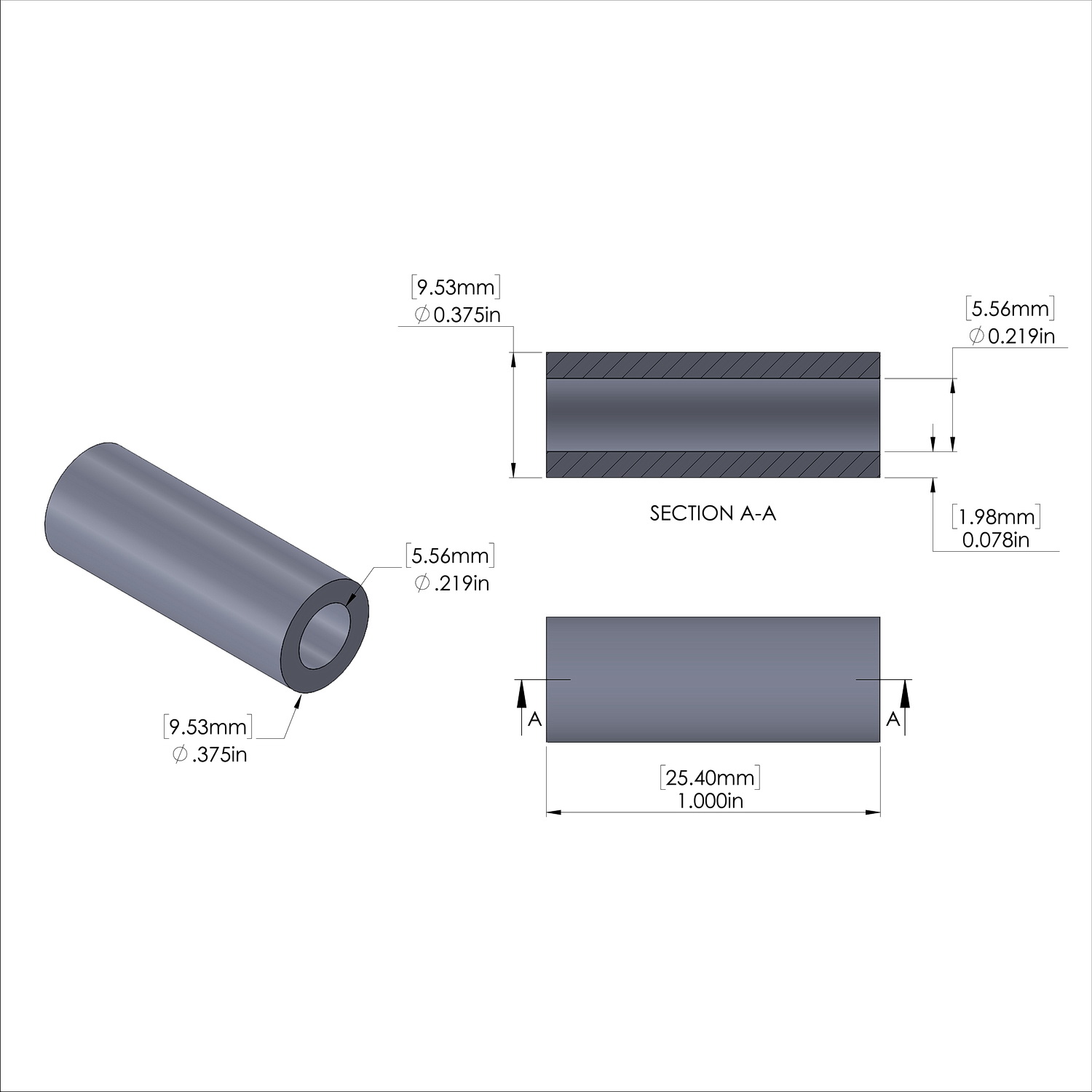 Aluminum Spacer 3/8'' OD x .219'' ID x 1.000'' Long, Clear Anodized Finish