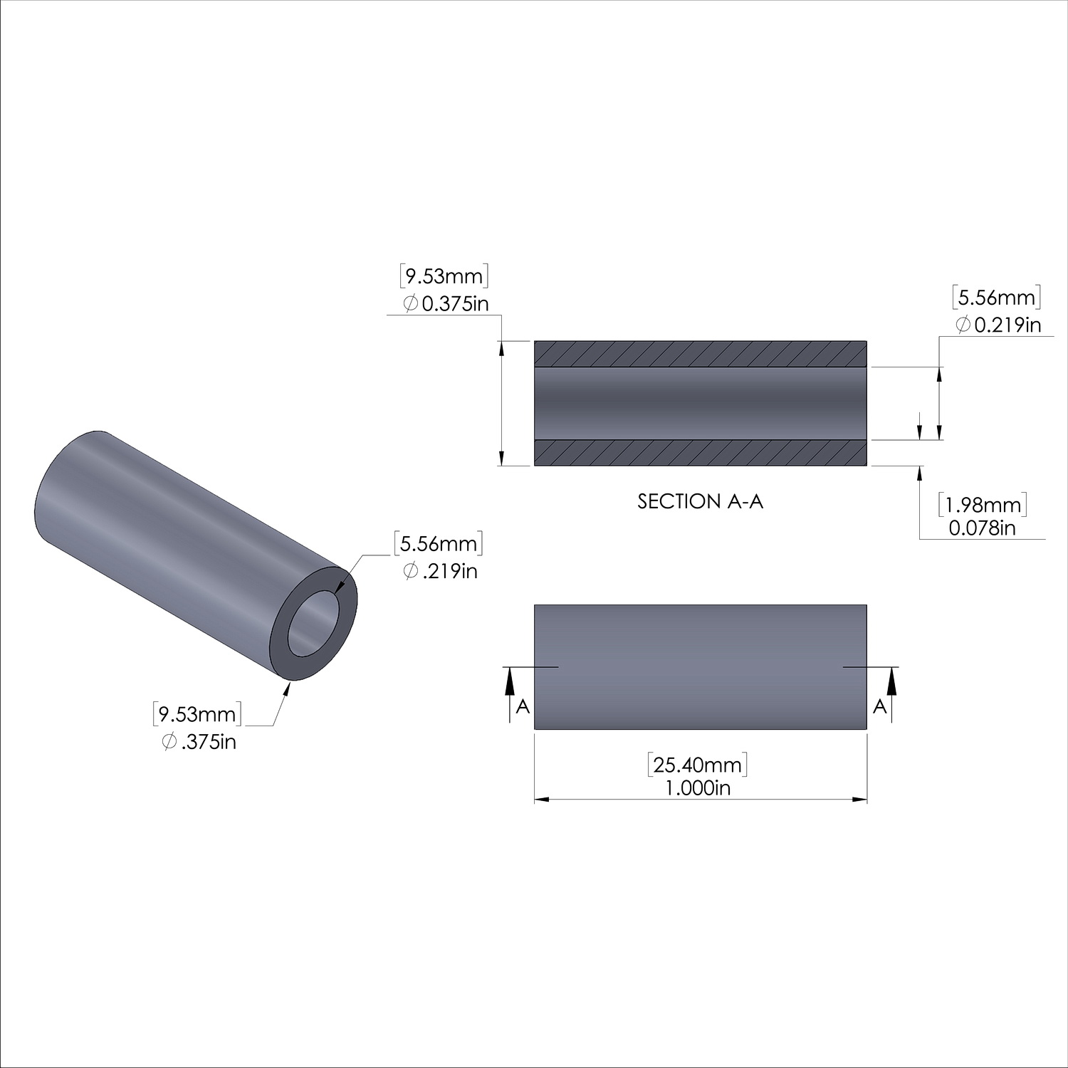 Aluminum Spacer 3/8'' OD x .219'' ID x 1.000'' Long, Plain Aluminum Finish