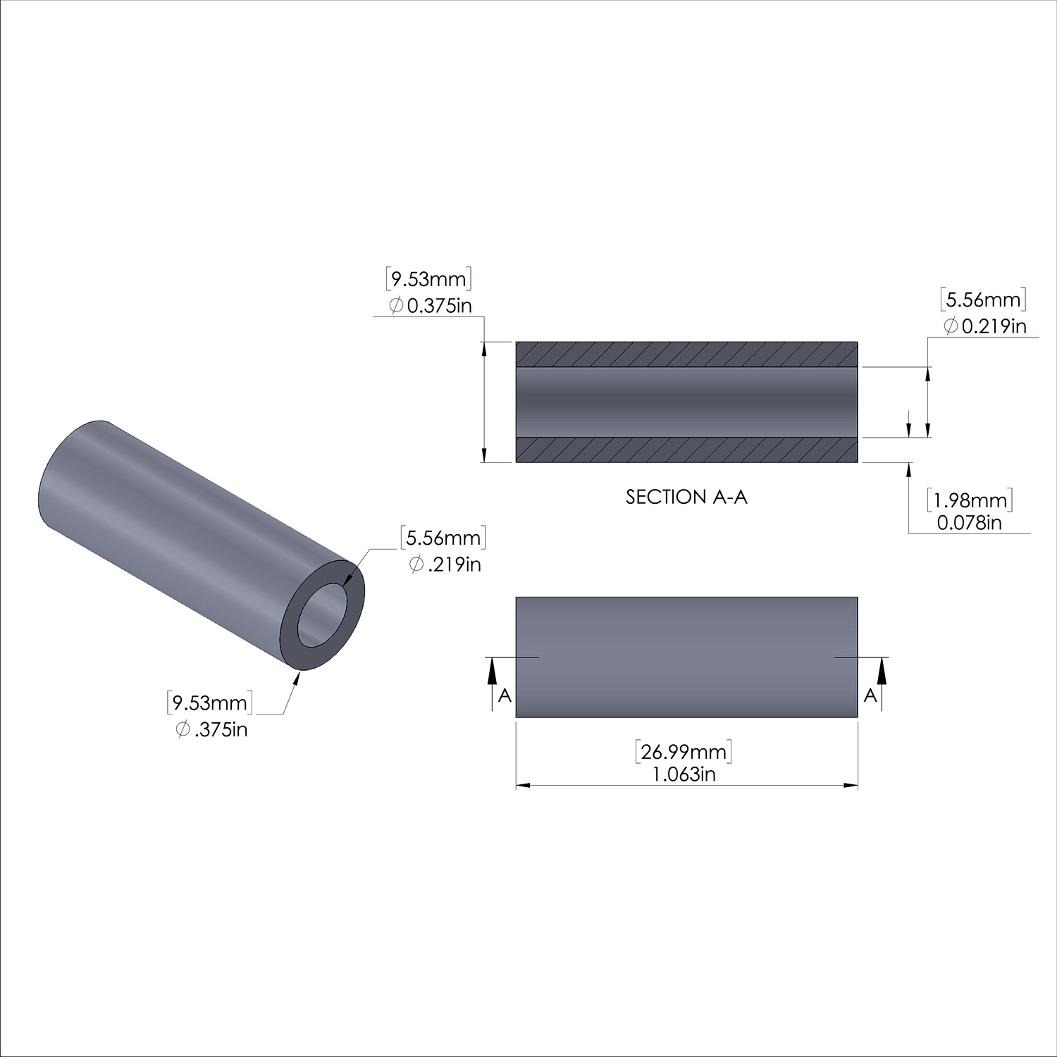 Aluminum Spacer 3/8'' OD x .219'' ID x 1-1/16'' Long, Plain Aluminum Finish