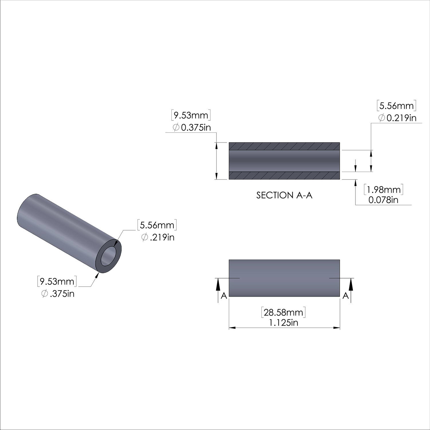 Aluminum Spacer 3/8'' OD x .219'' ID x 1-1/8'' Long, Black Anodized Finish
