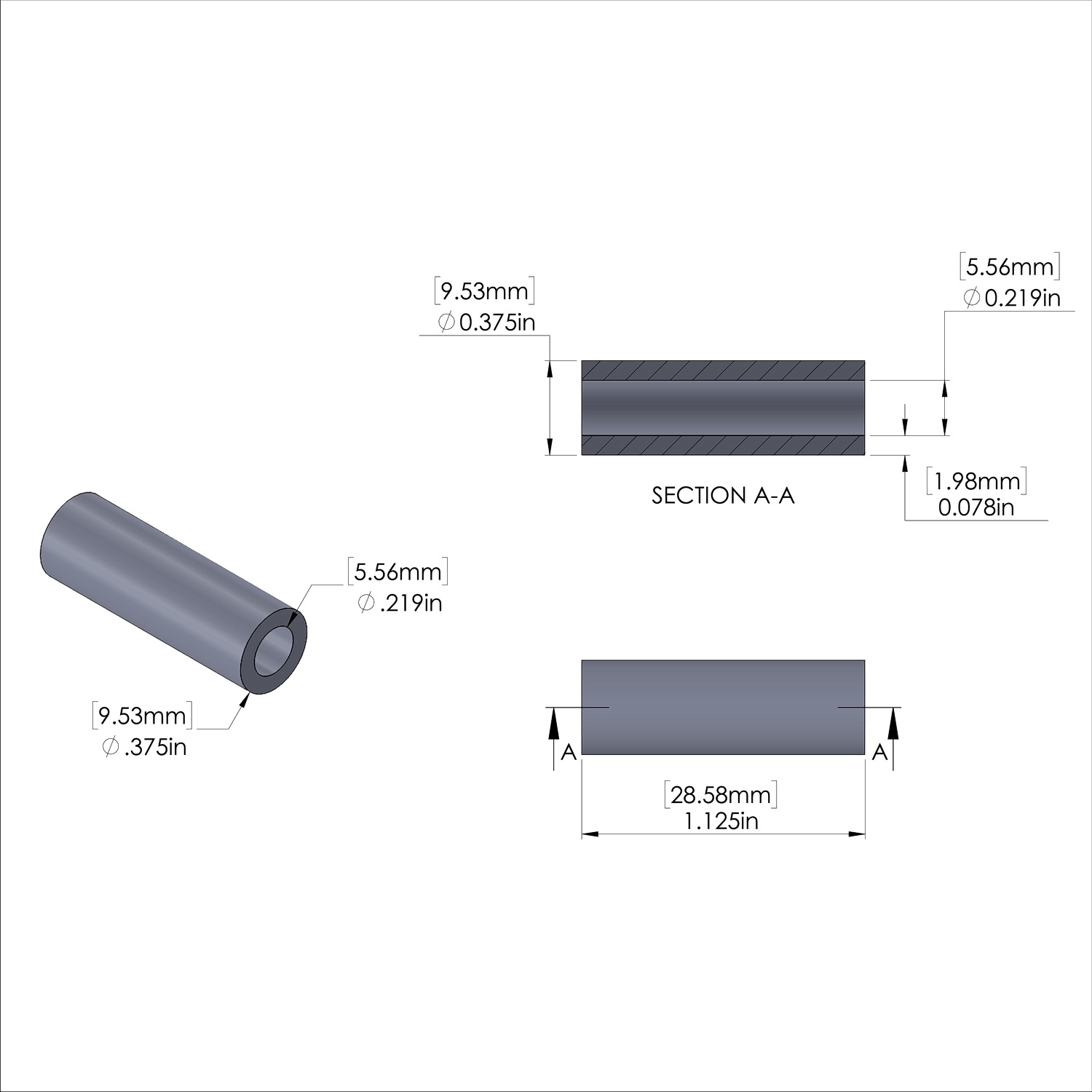Aluminum Spacer 3/8'' OD x .219'' ID x 1-1/8'' Long, Plain Aluminum Finish