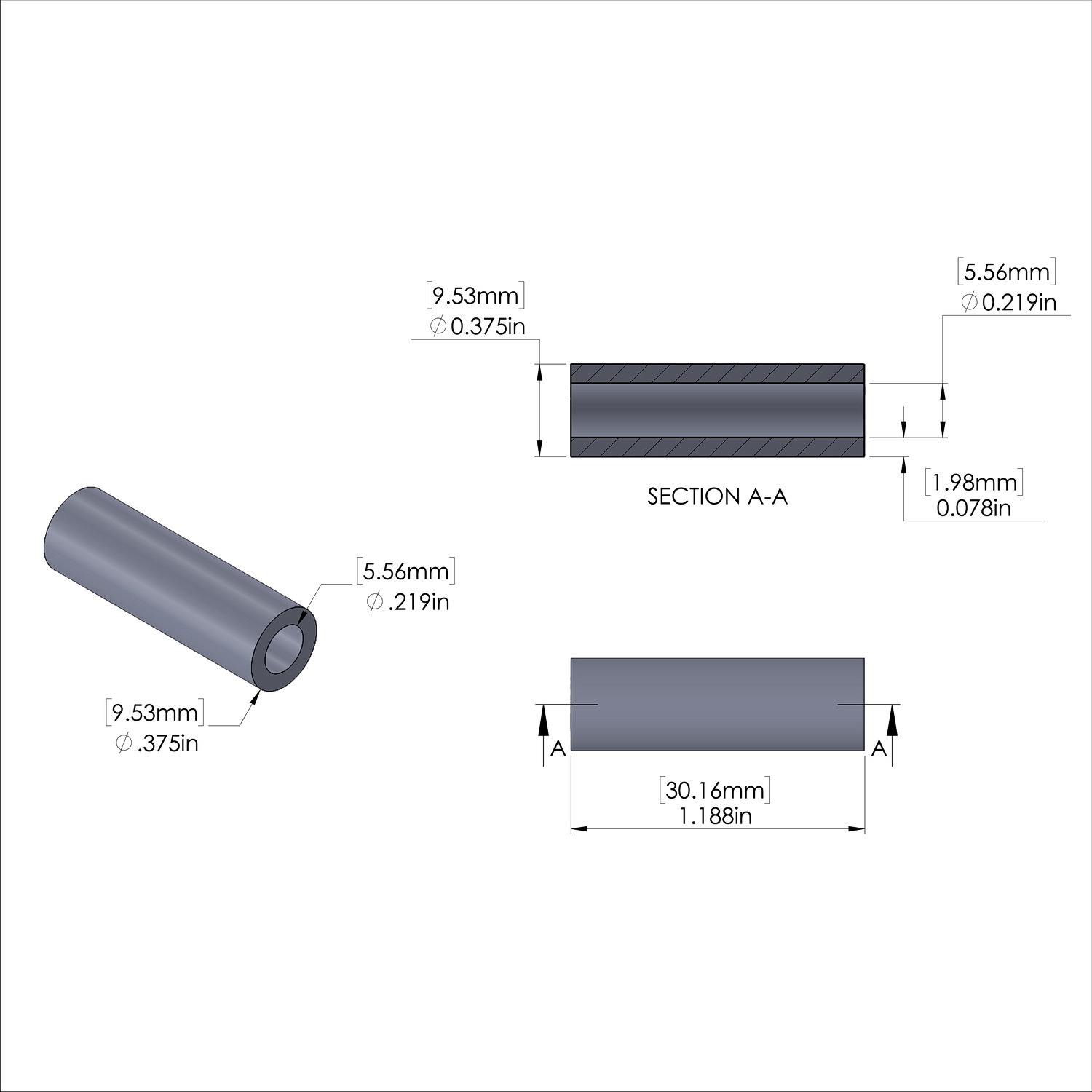 Aluminum Spacer 3/8'' OD x .219'' ID x 1-3/16'' Long