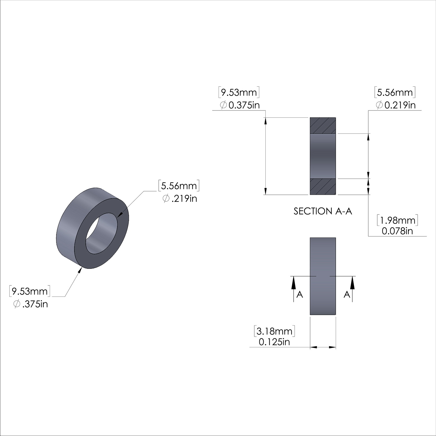 Aluminum Spacer 3/8'' OD x .219'' ID x 1/8'' Long - Black Anodized