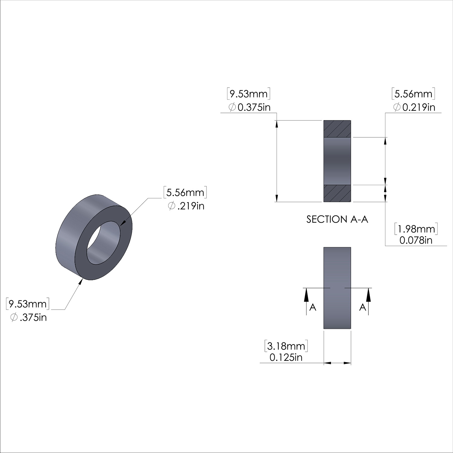 Aluminum Spacer 3/8'' OD x .219'' ID x 1/8'' Long, Plain Aluminum Finish