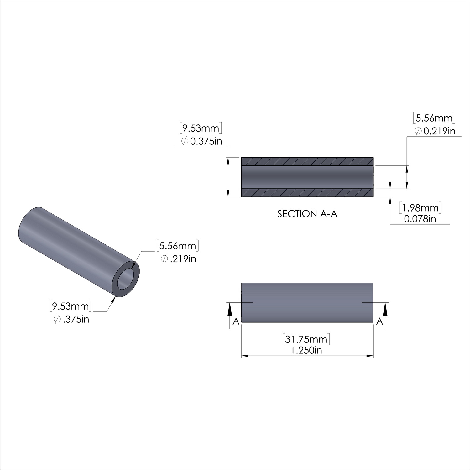 Aluminum Spacer 3/8'' OD x .219'' ID x 1-1/4'' Long