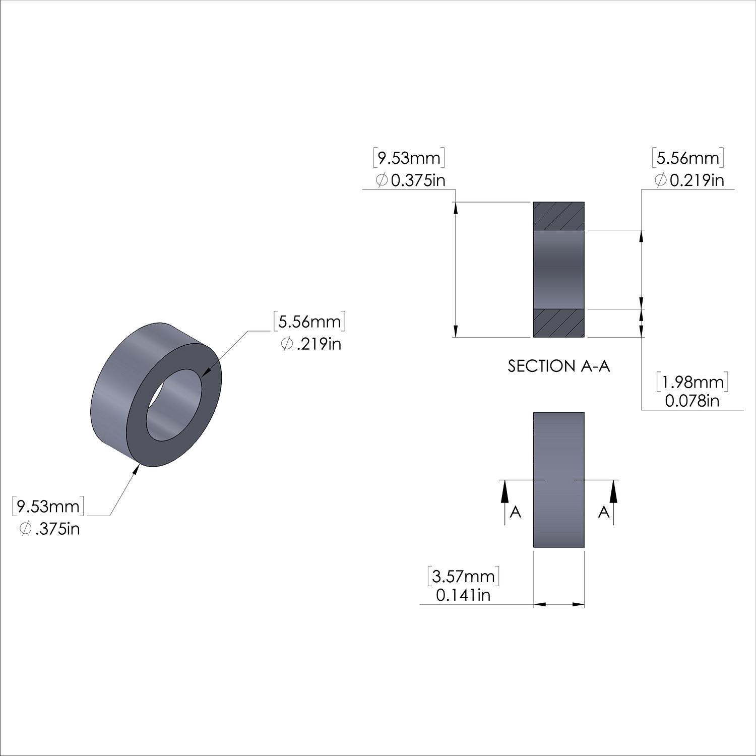 Aluminum Spacer 3/8'' OD x .219'' ID x 9/64'' Long, Plain Aluminum Finish