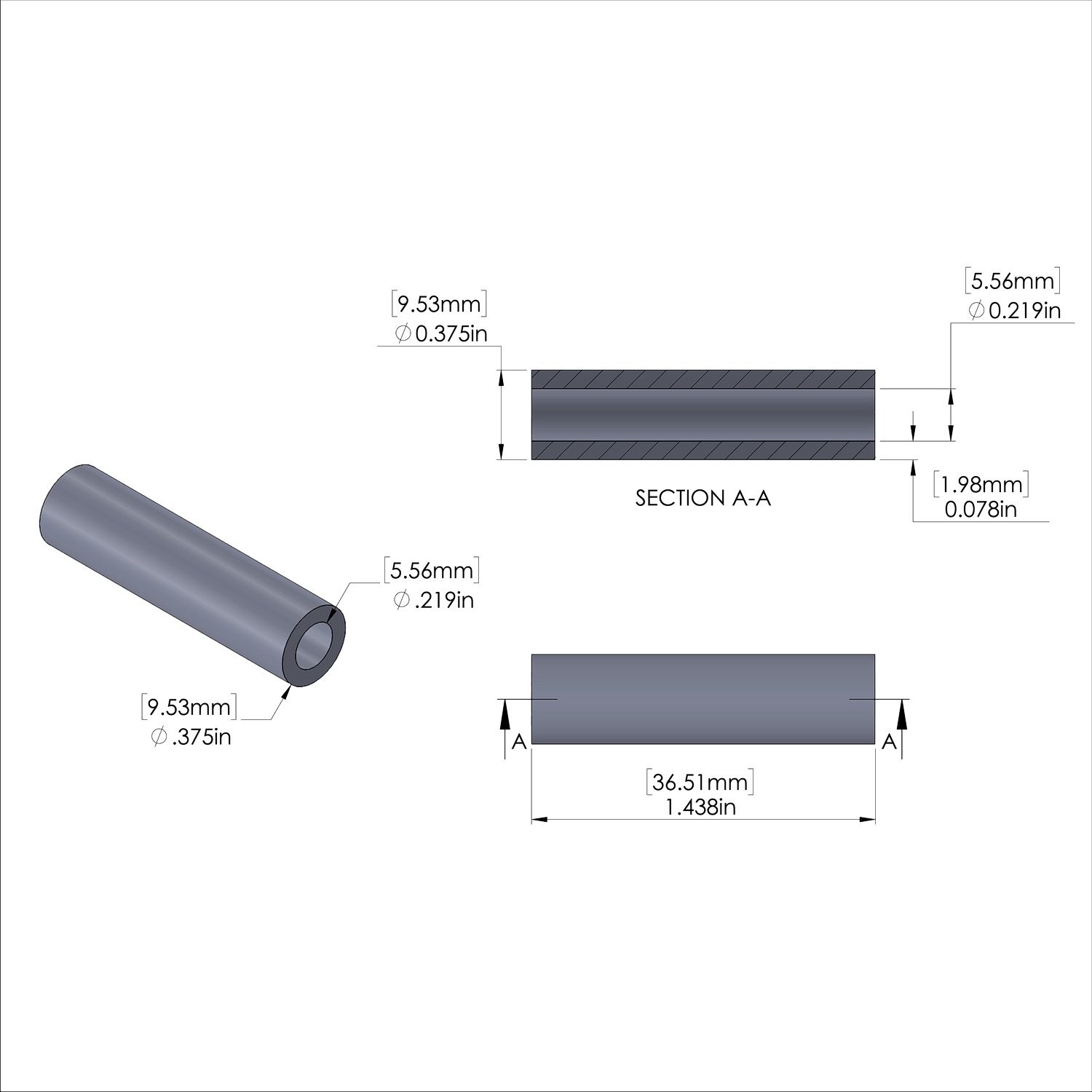 Aluminum Spacer 3/8'' OD x .219'' ID x 1-7/16'' Long, Plain Aluminum Finish