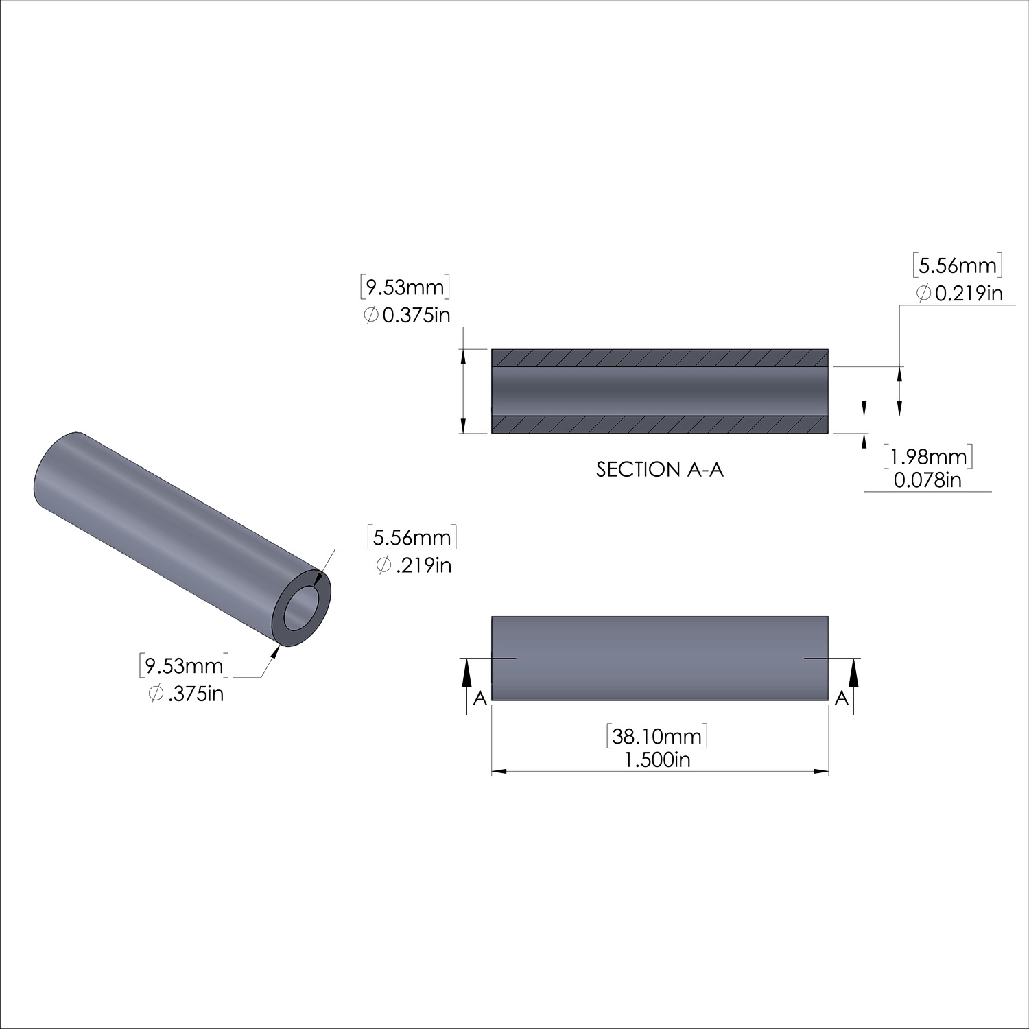 Aluminum Spacer 3/8'' OD x .219'' ID x 1-1/2'' Long, Black Anodized Finish
