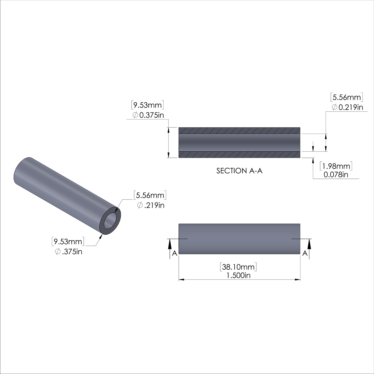 Aluminum Spacer 3/8'' OD x .219'' ID x 1-1/2'' Long, Plain Aluminum Finish
