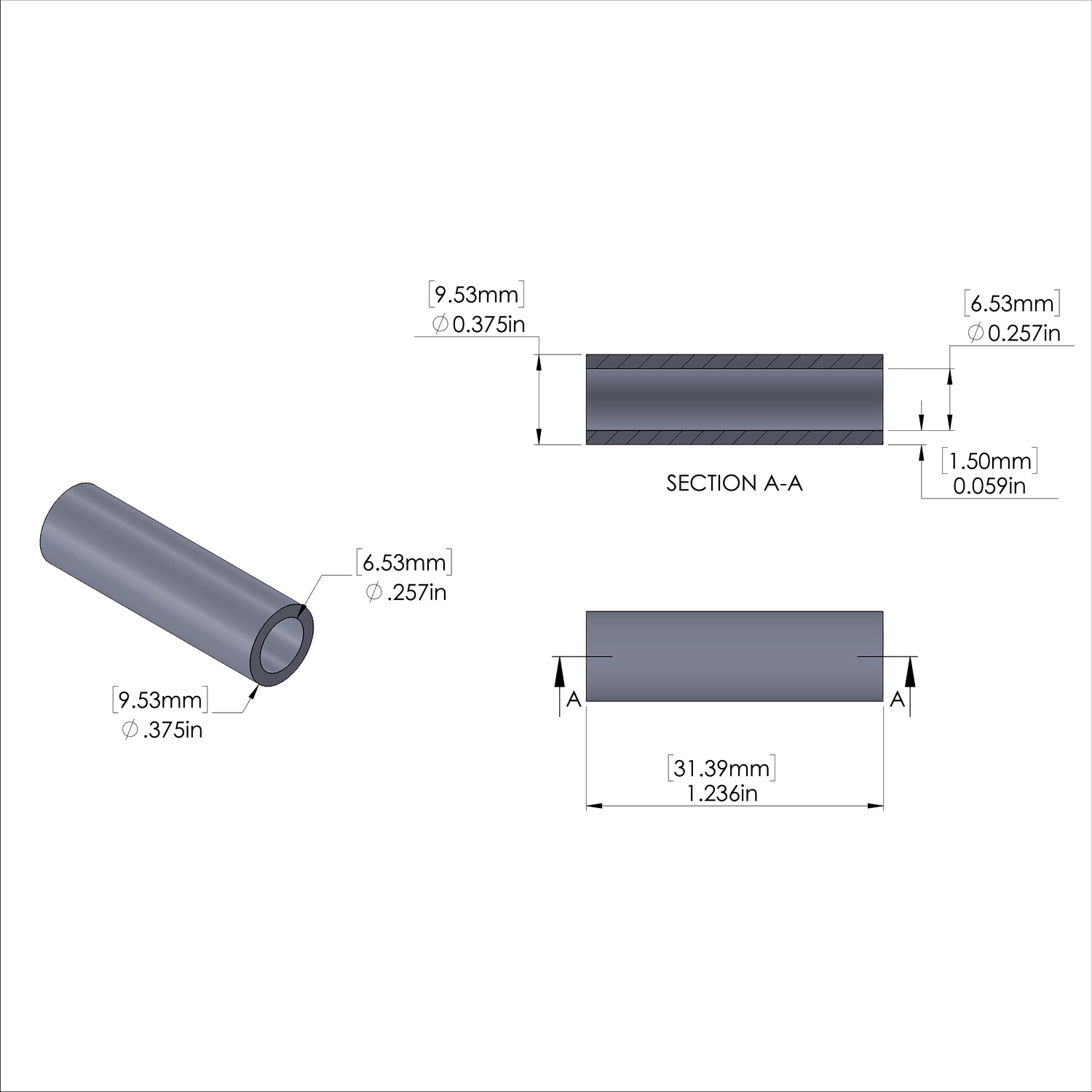 Aluminum Spacer 3/8'' OD x .257'' ID x 1.236'' Long, Plain Aluminum Finish