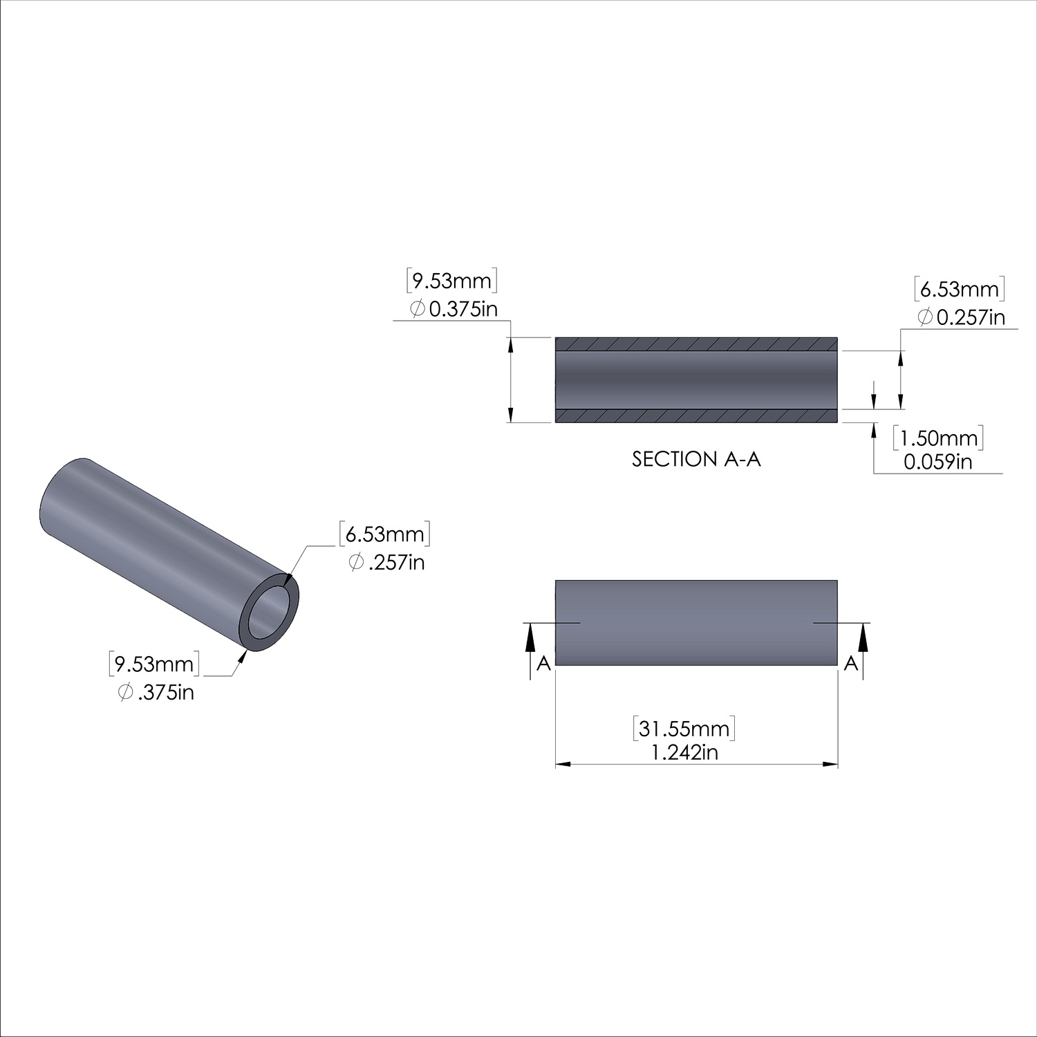 Aluminum Spacer 3/8'' OD x .257'' ID x 1.242'' Long, Plain Aluminum Finish