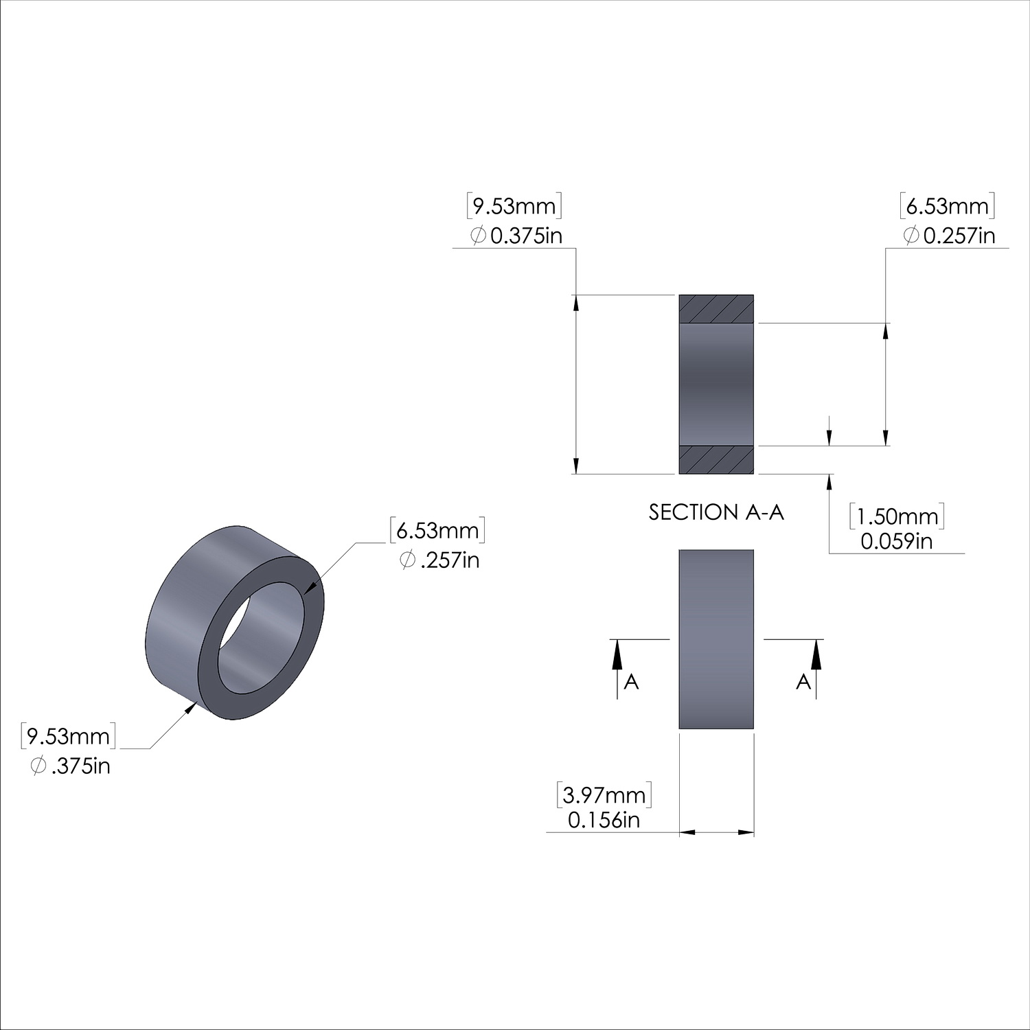 Aluminum Spacer 3/8'' OD x .257'' ID x 5/32'' Long, Plain Aluminum Finish