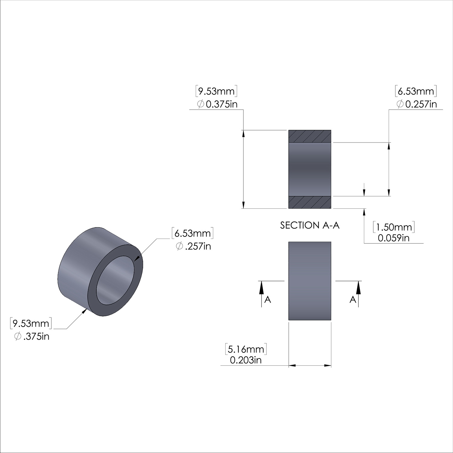 Aluminum Spacer 3/8'' OD x .257'' ID x 13/64'' Long