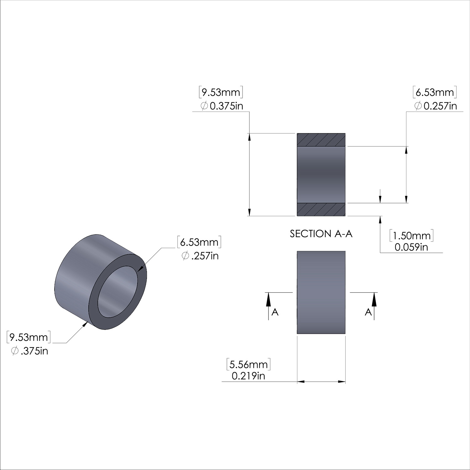 Aluminum Spacer 3/8'' OD x .257'' ID x 7/32'' Long, Plain Aluminum Finish