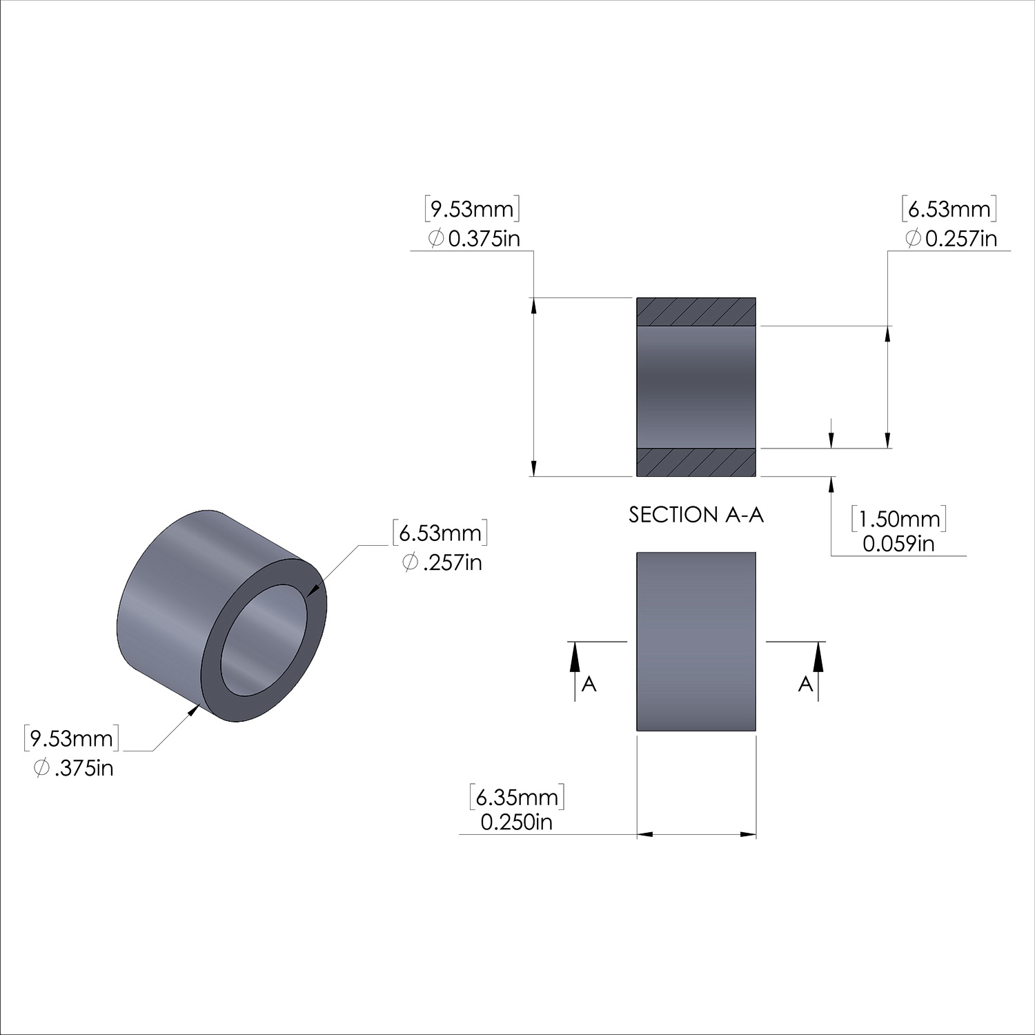Aluminum Spacer 3/8'' OD x .257'' ID x 1/4'' Long, Black Anodized Finish