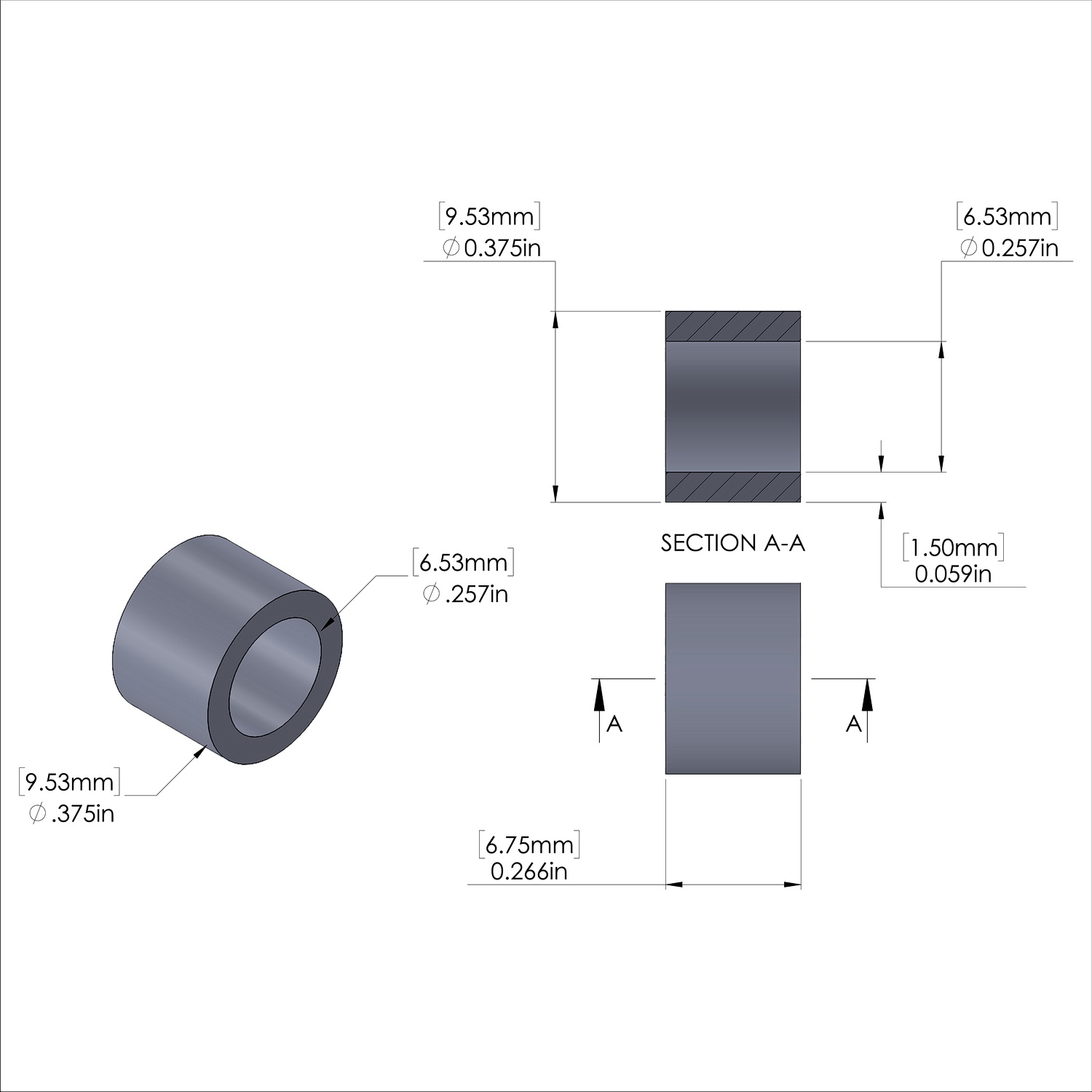 Aluminum Spacer 3/8'' OD x .257'' ID x 17/64'' Long