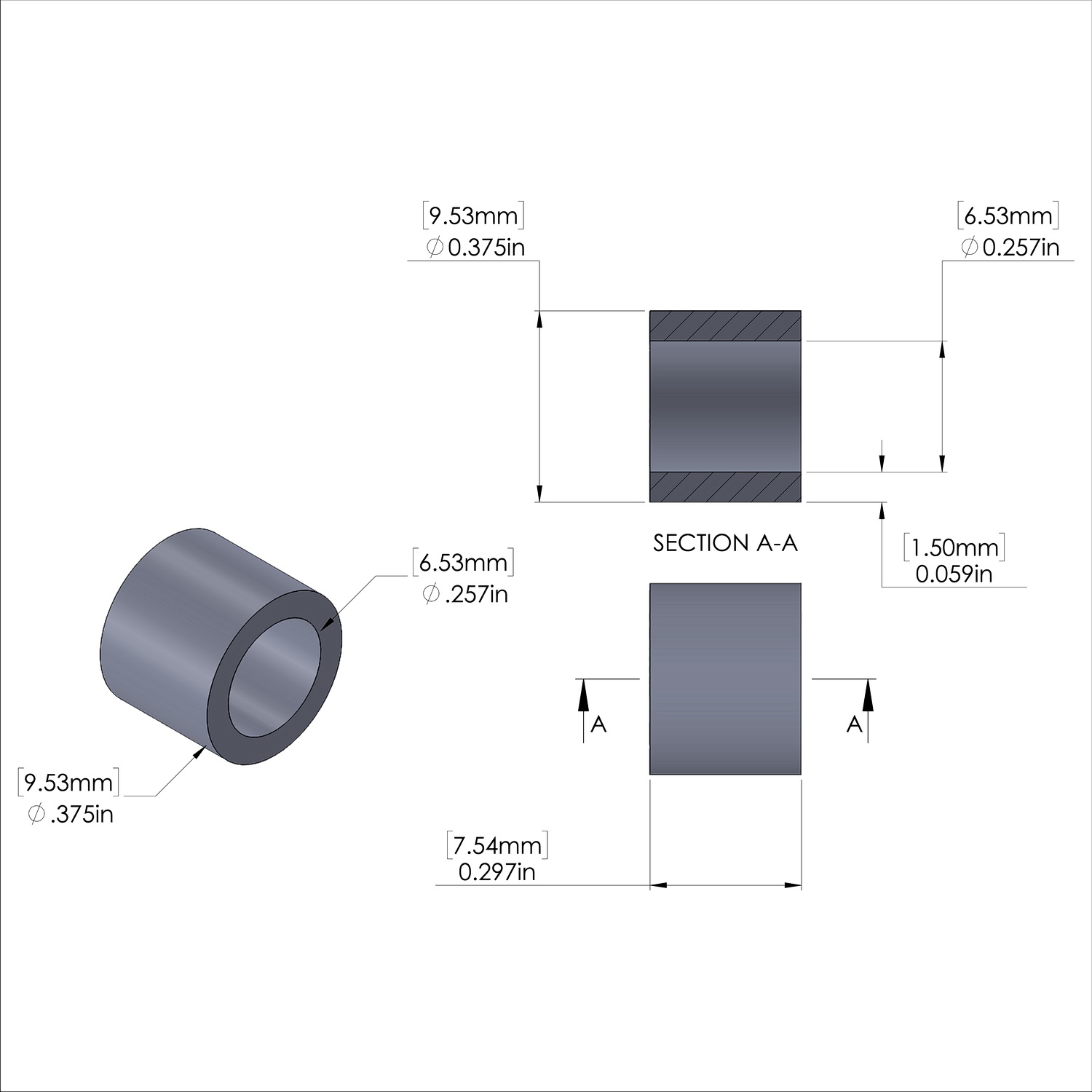Aluminum Spacer 3/8'' OD x .257'' ID x 19/64'' Long, Plain Aluminum Finish