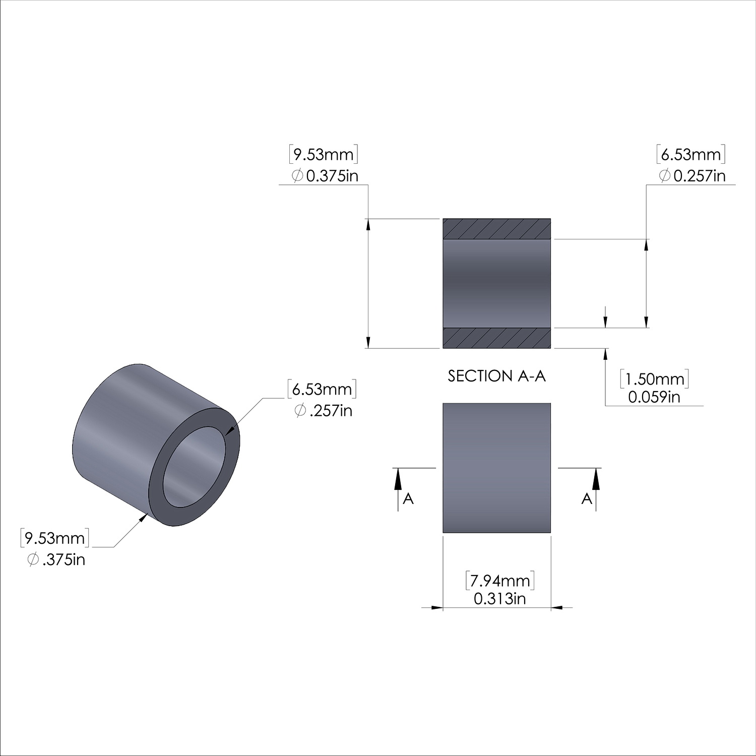 Aluminum Spacer 3/8'' OD x .257'' ID x 5/16'' Long, Black Anodized Finish