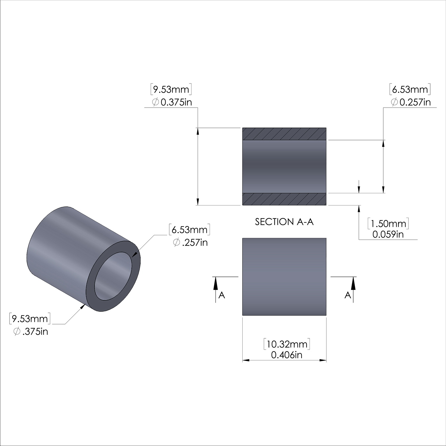 Aluminum Spacer 3/8'' OD x .257'' ID x 13/32'' Long, Plain Aluminum Finish