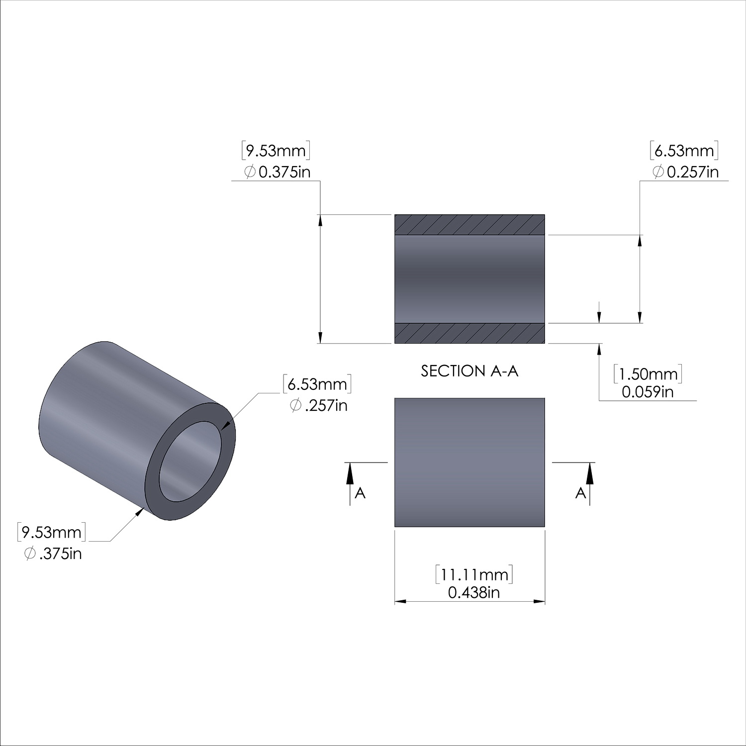 Aluminum Spacer 3/8'' OD x .257'' ID x 7/16'' Long - Black Anodized