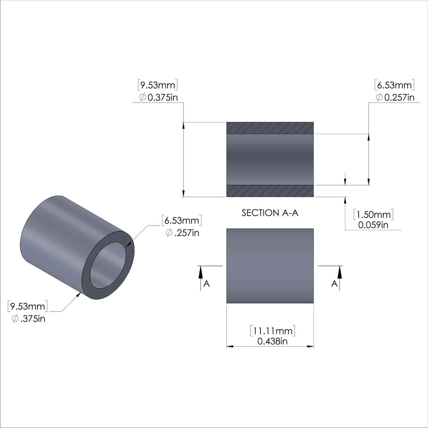 Aluminum Spacer 3/8'' OD x .257'' ID x 7/16'' Long, Plain Aluminum Finish