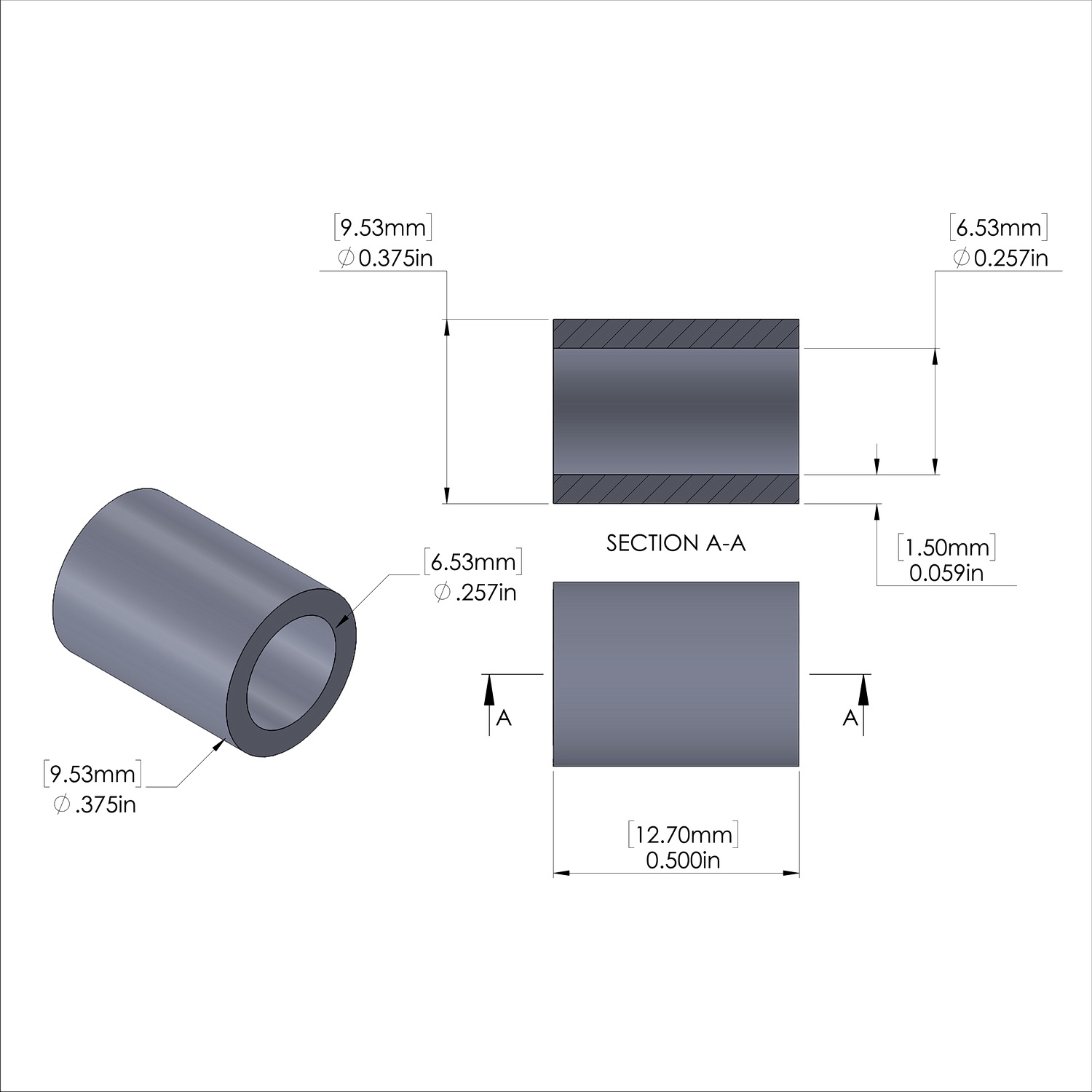 Aluminum Spacer 3/8'' OD x .257'' ID x 1/2'' Long, Black Anodized Finish