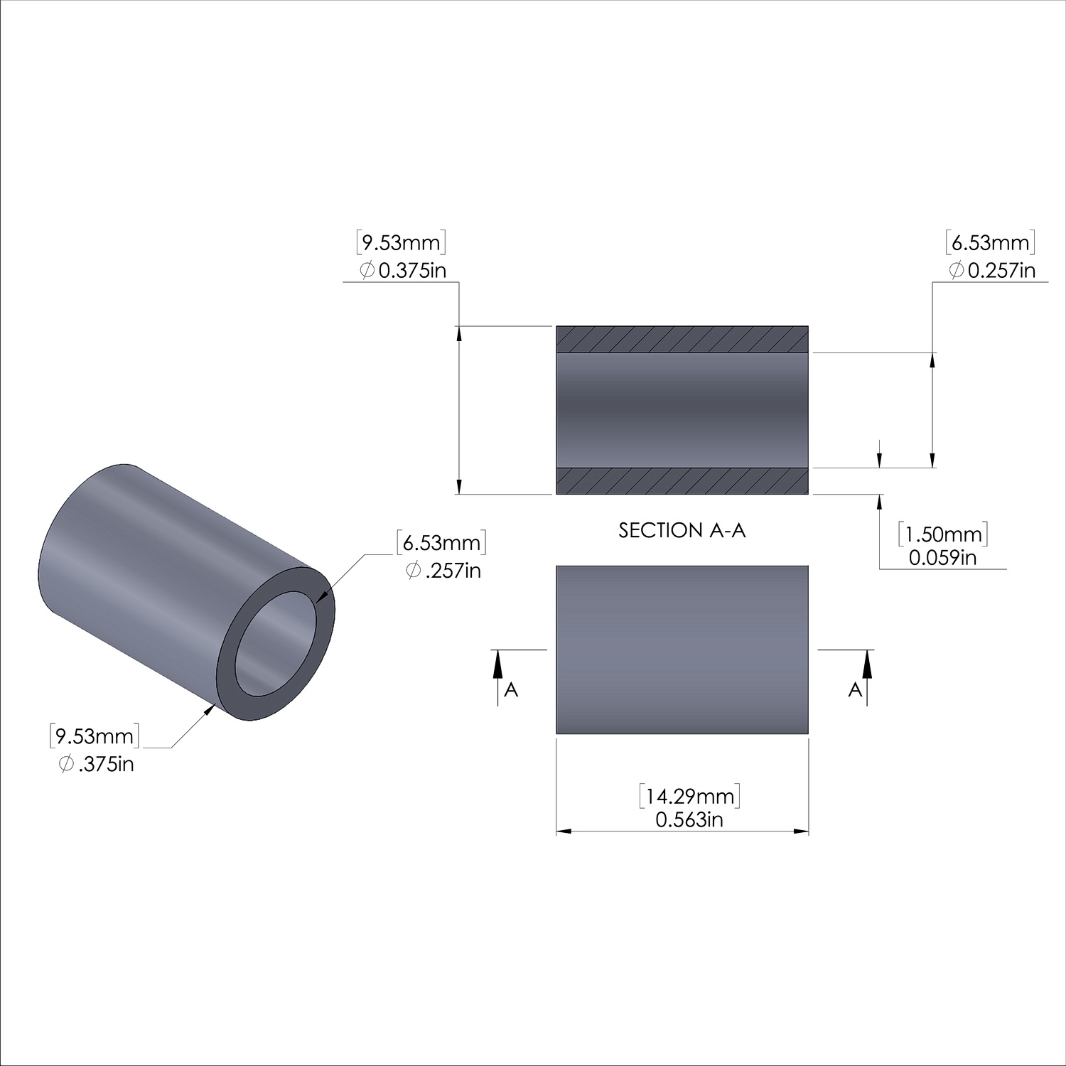 Aluminum Spacer 3/8'' OD x .257'' ID x 9/16'' Long - Black Anodized