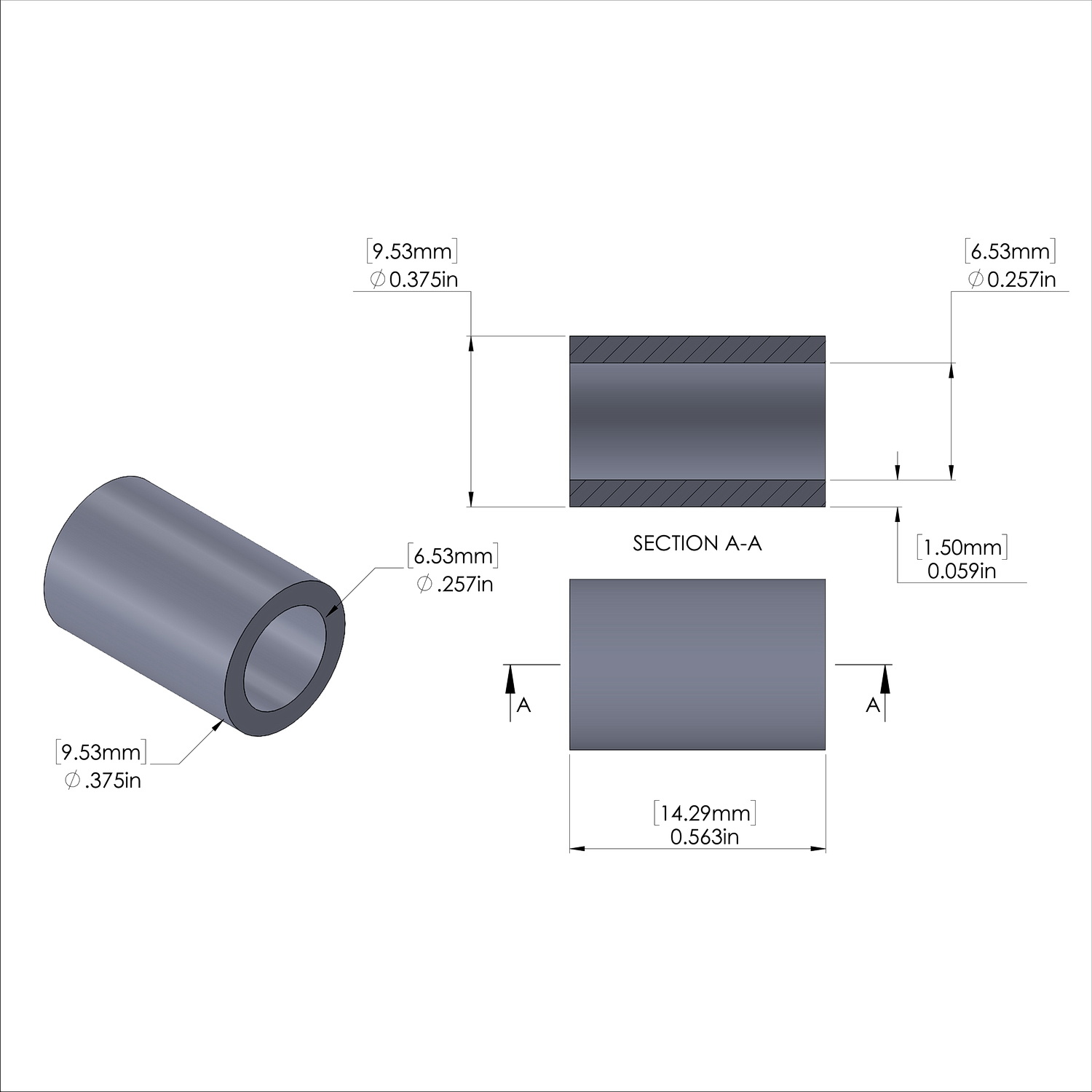 Aluminum Spacer 3/8'' OD x .257'' ID x 9/16'' Long, Plain Aluminum Finish