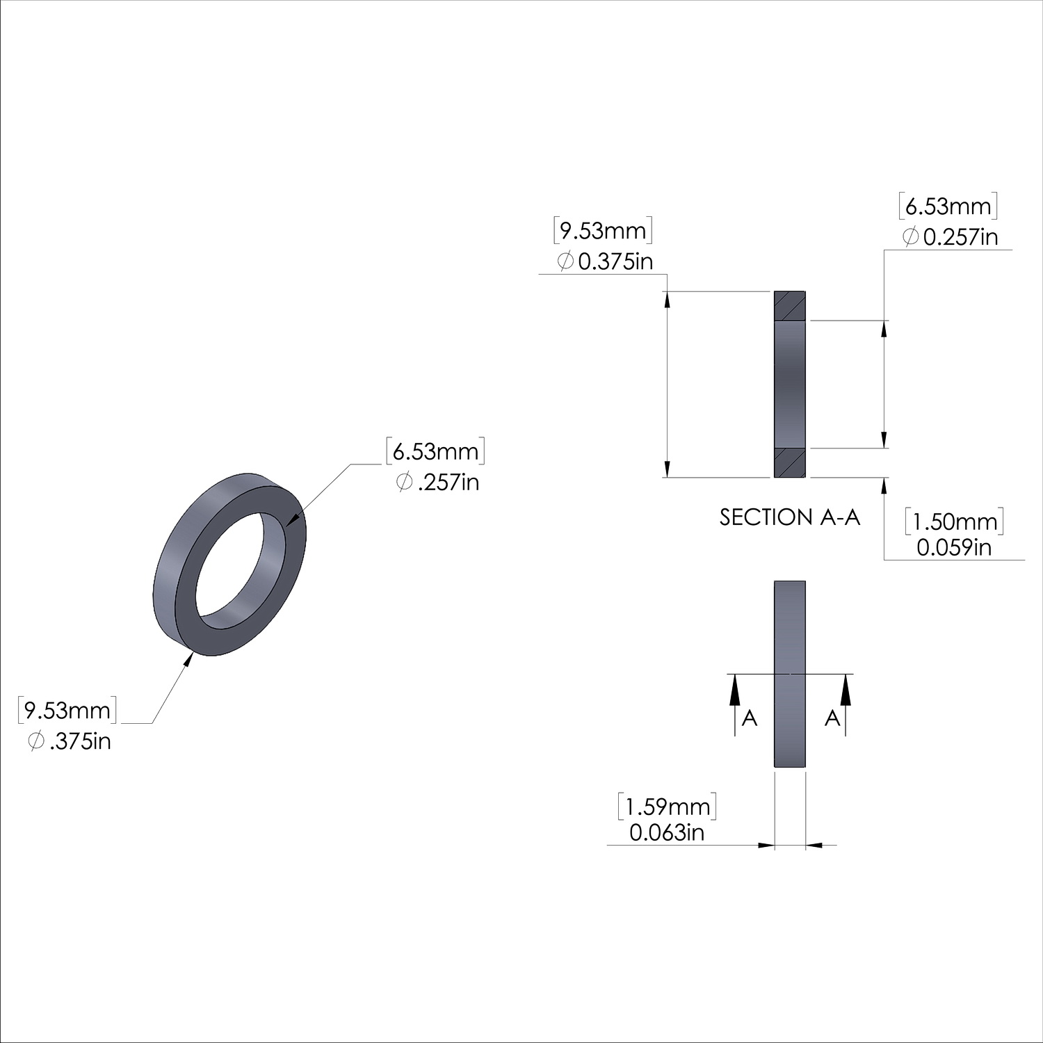 Aluminum Spacer 3/8'' OD x .257'' ID x 1/16'' Long, Plain Aluminum Finish
