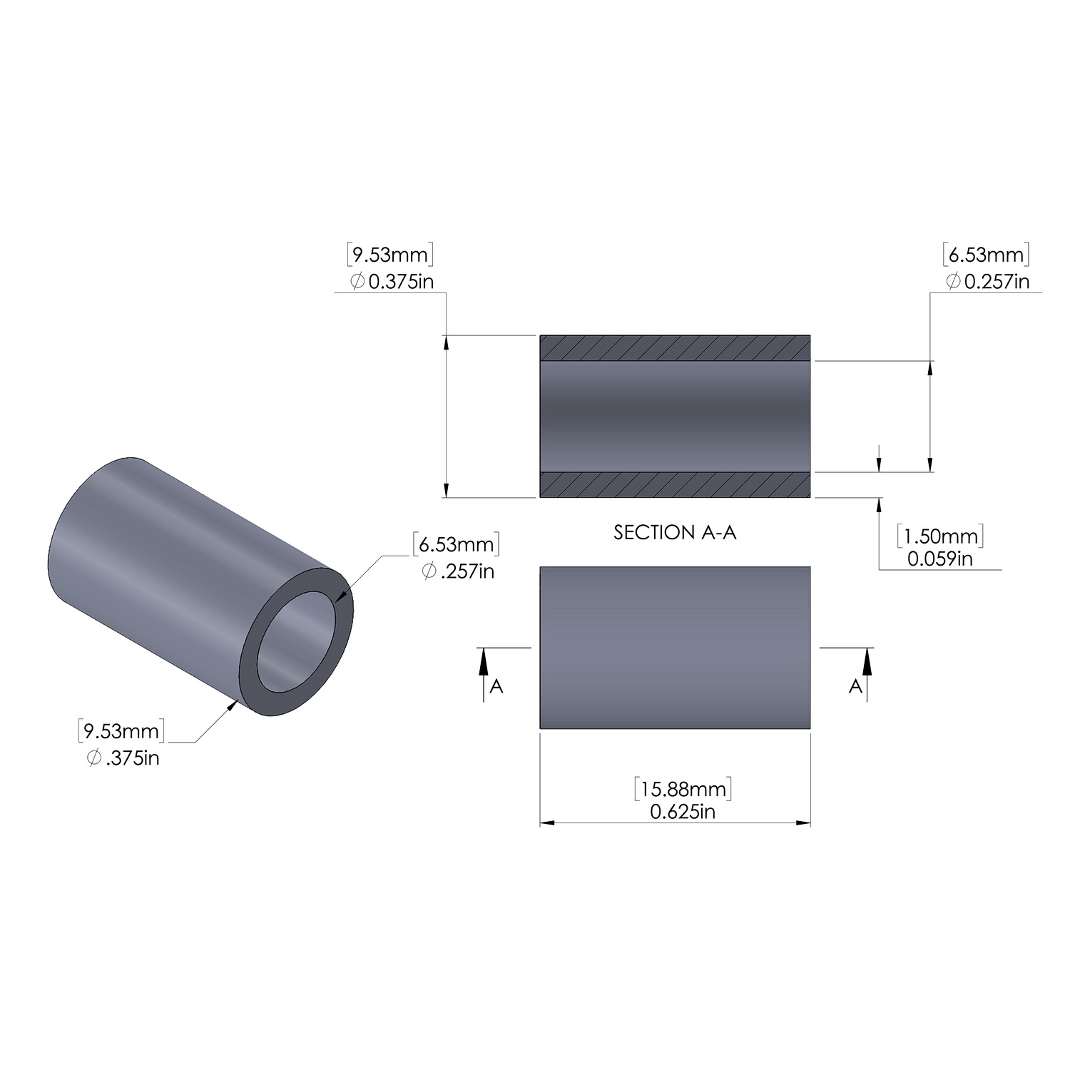Aluminum Spacer 3/8'' OD x .257'' ID x 5/8'' Long, Black Anodized Finish