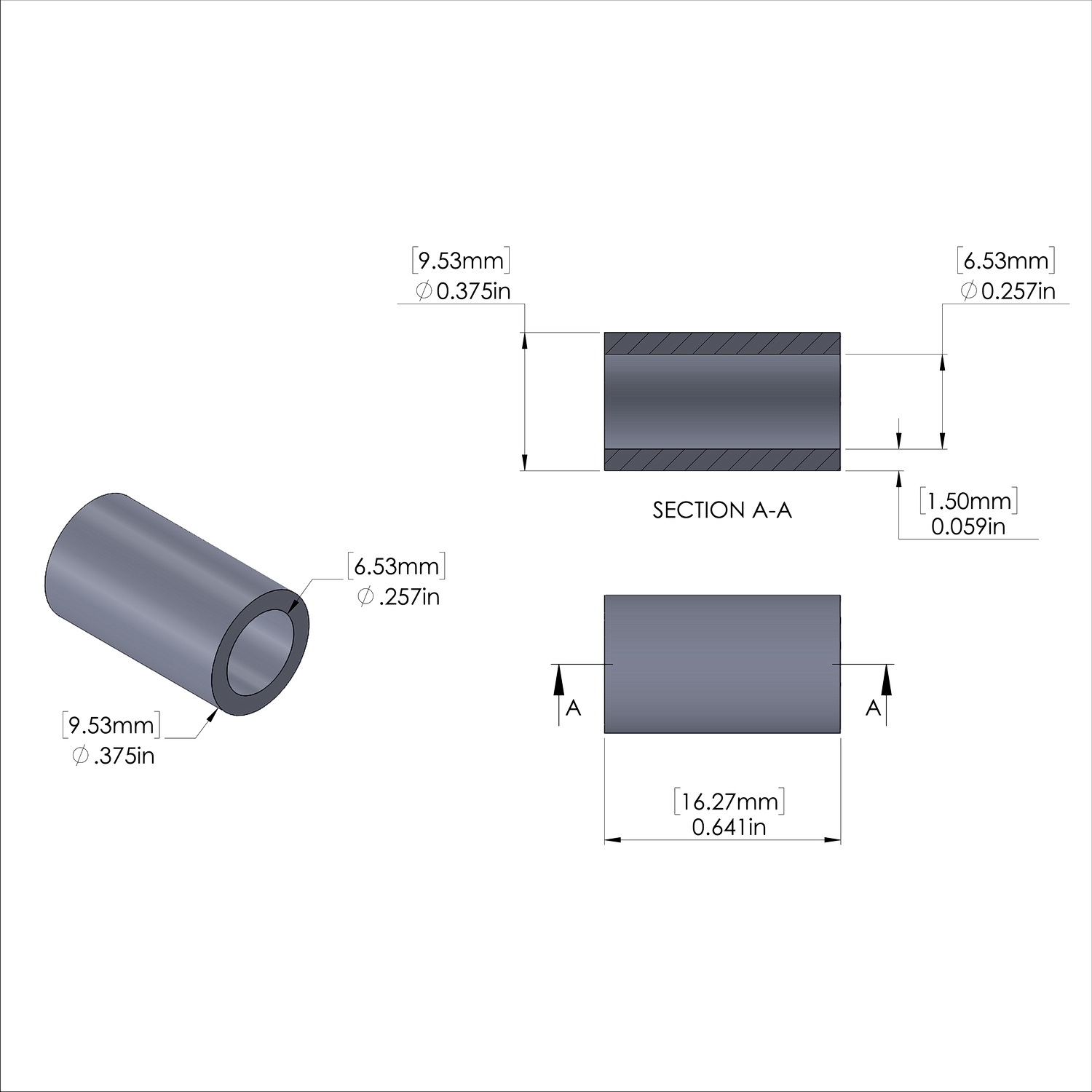 Aluminum Spacer 3/8'' OD x .257'' ID x 41/64'' Long
