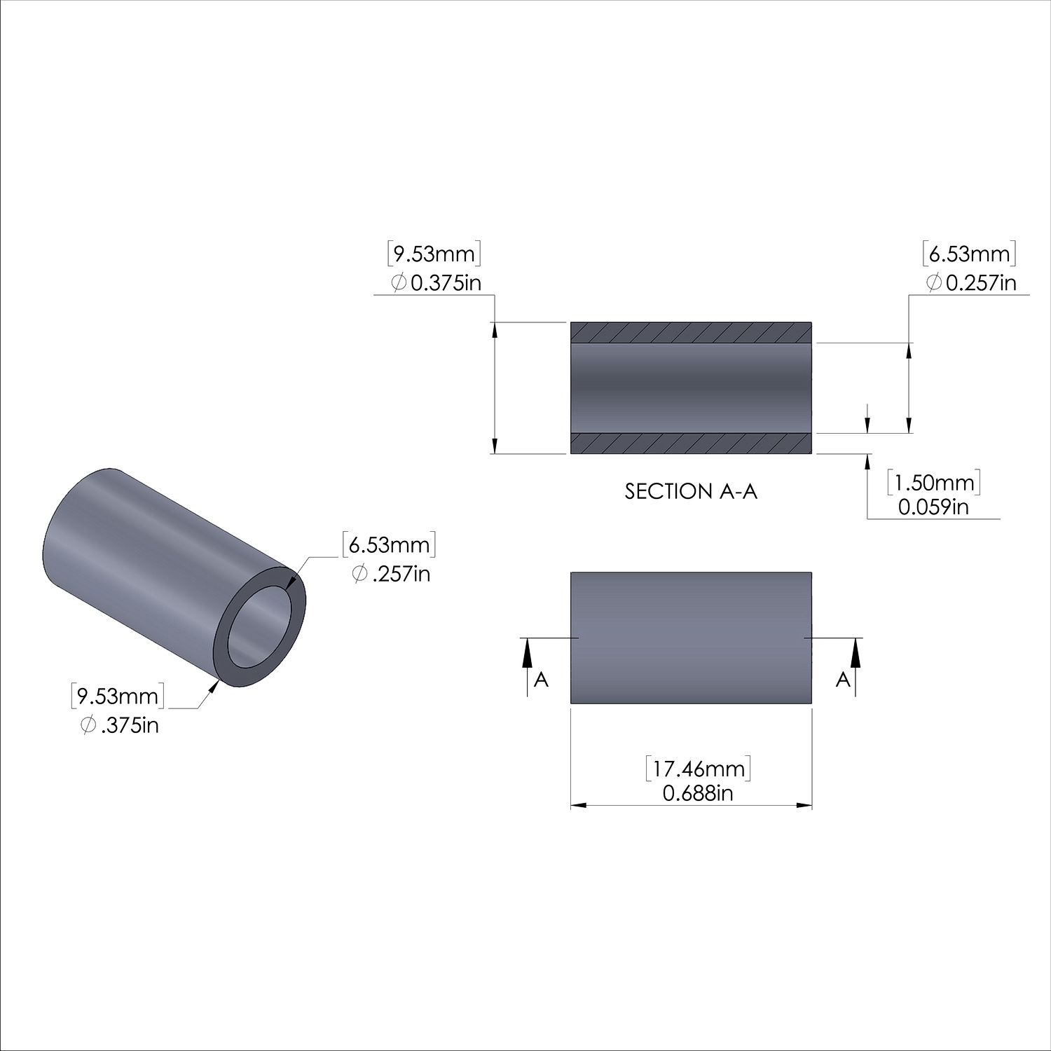 Aluminum Spacer 3/8'' OD x .257'' ID x 11/16'' Long