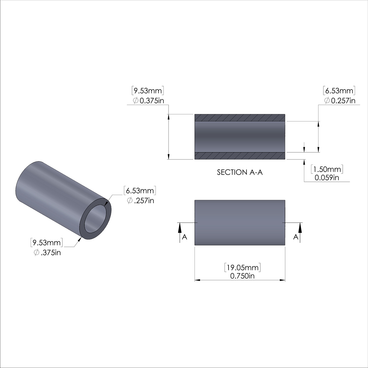 Aluminum Spacer 3/8'' OD x .257'' ID x 3/4'' Long, Black Anodized Finish