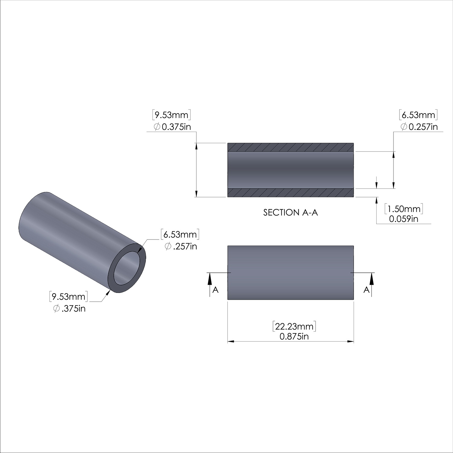 Aluminum Spacer 3/8'' OD x .257'' ID x 7/8'' Long, Plain Aluminum Finish