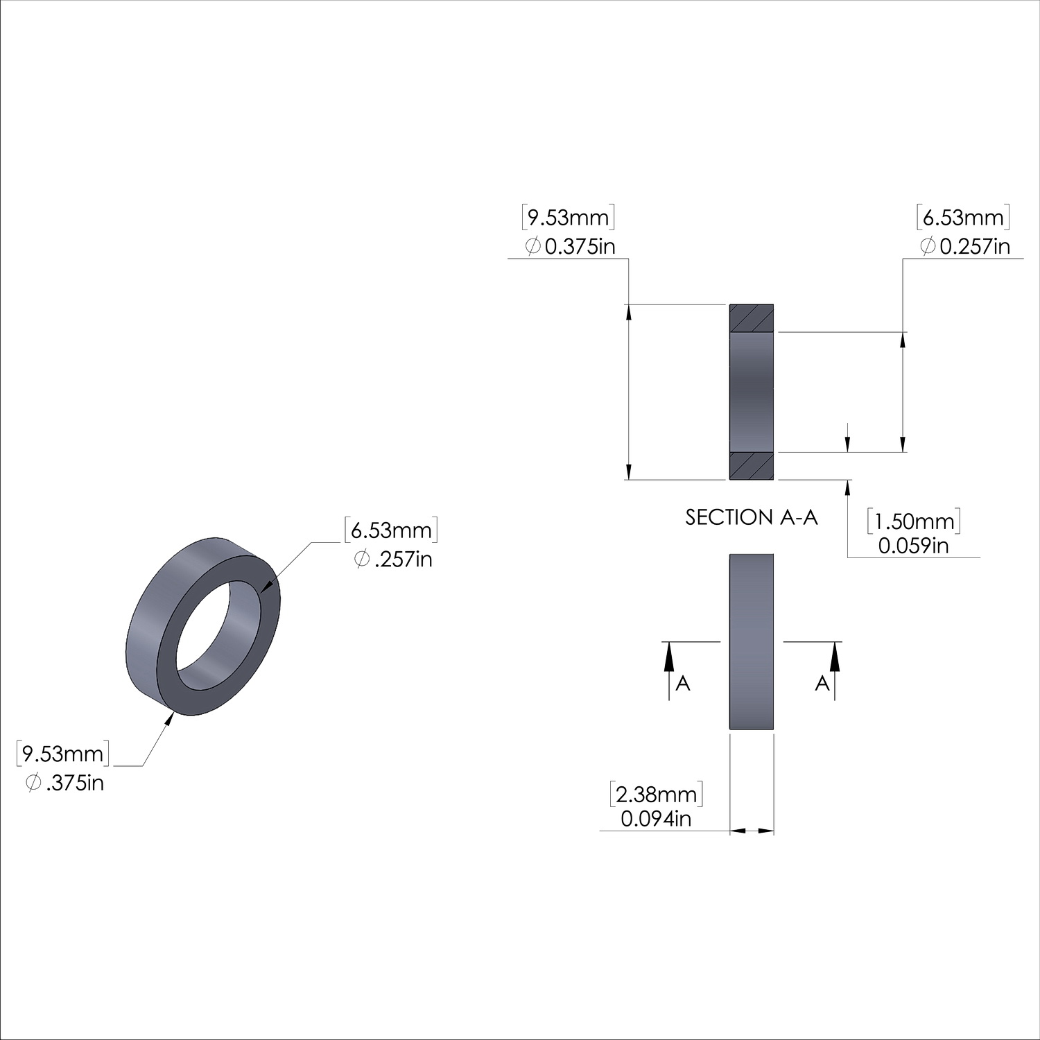 Aluminum Spacer 3/8'' OD x .257'' ID x 3/32'' Long, Plain Aluminum Finish