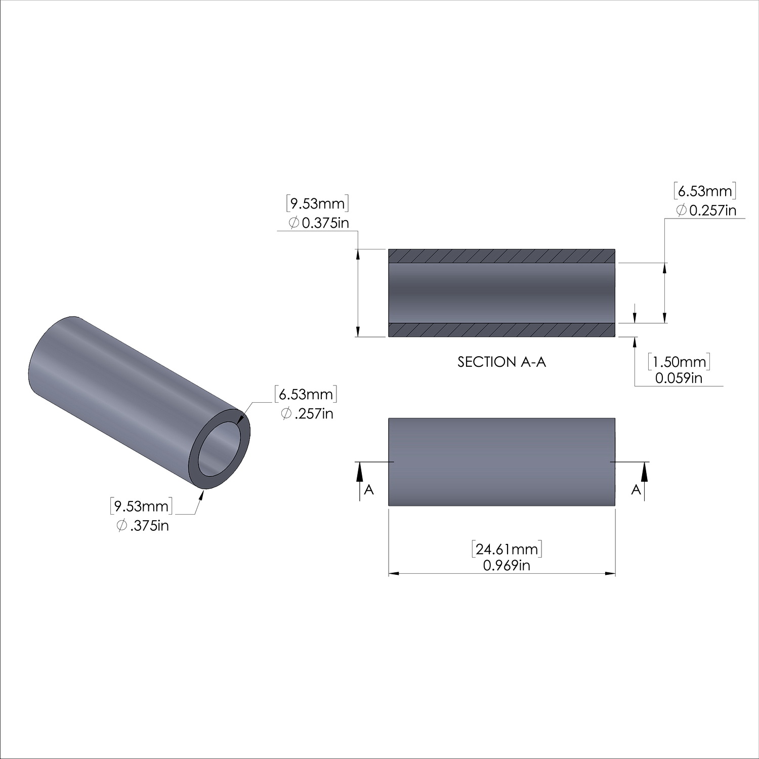 Aluminum Spacer 3/8'' OD x .257'' ID x 31/32'' Long
