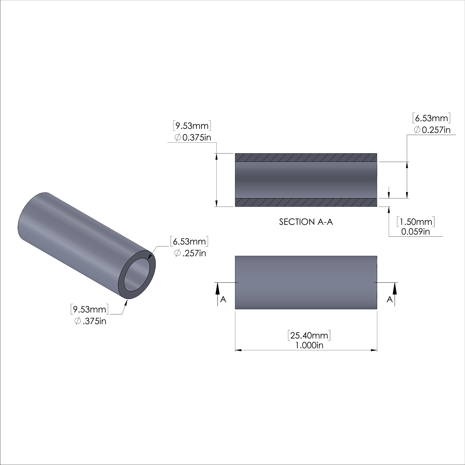 Aluminum Spacer 3/8'' OD x .257'' ID x 1.000'' Long - Black Anodized