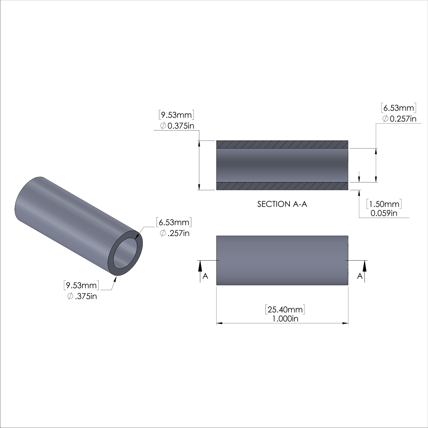 Aluminum Spacer 3/8'' OD x .257'' ID x 1.000'' Long, Plain Aluminum Finish