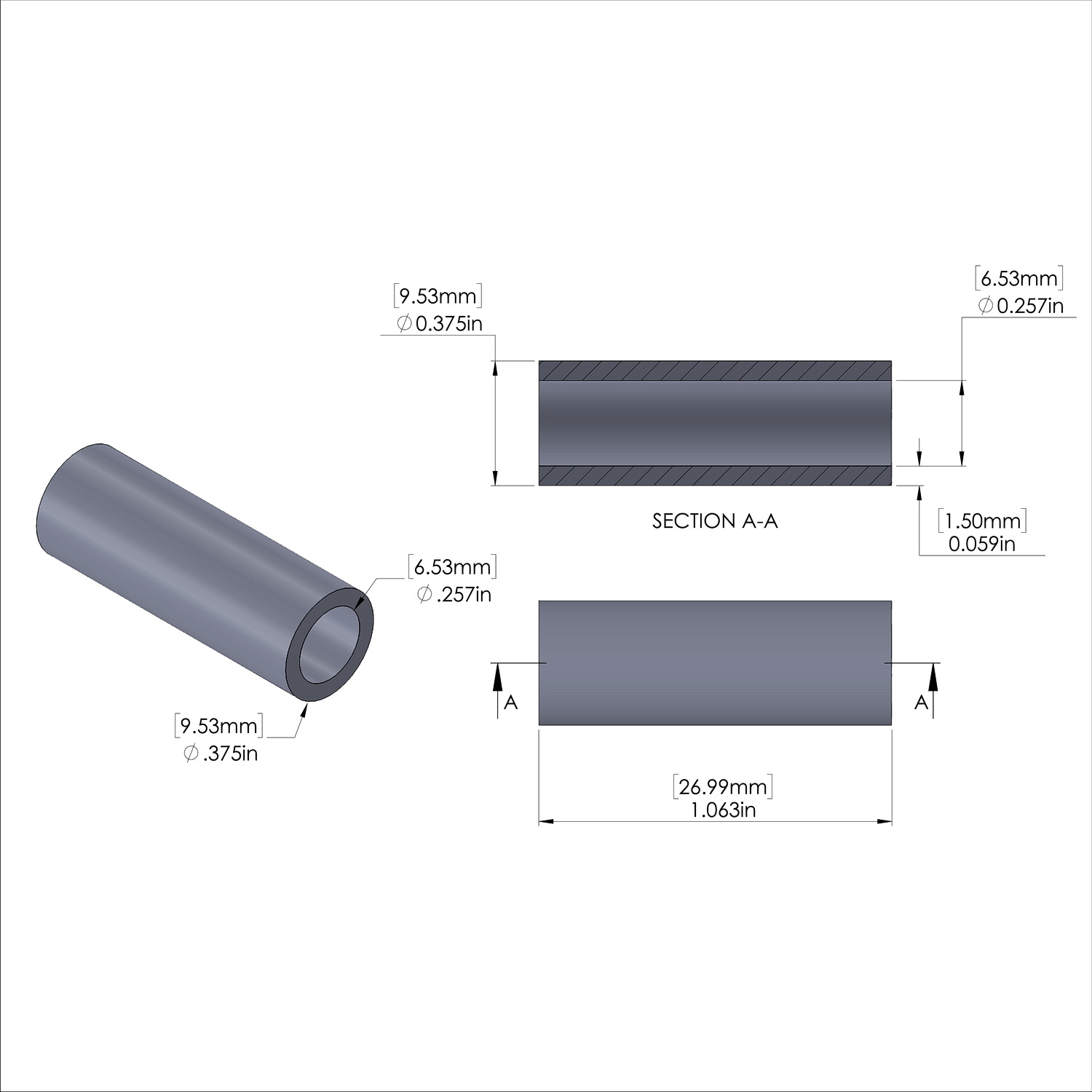 Aluminum Spacer 3/8'' OD x .257'' ID x 1-1/16'' Long