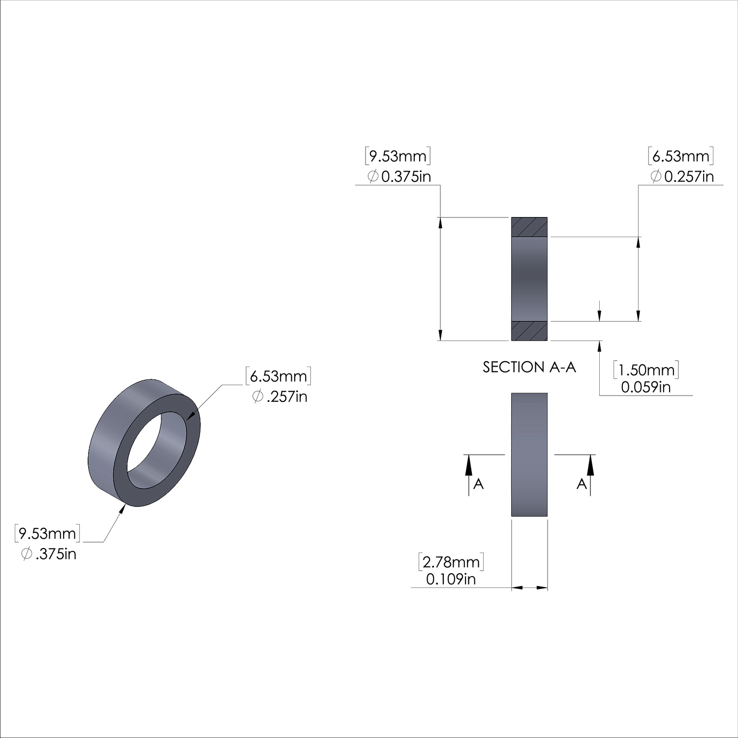 Aluminum Spacer 3/8'' OD x .257'' ID x 7/64'' Long, Plain Aluminum Finish