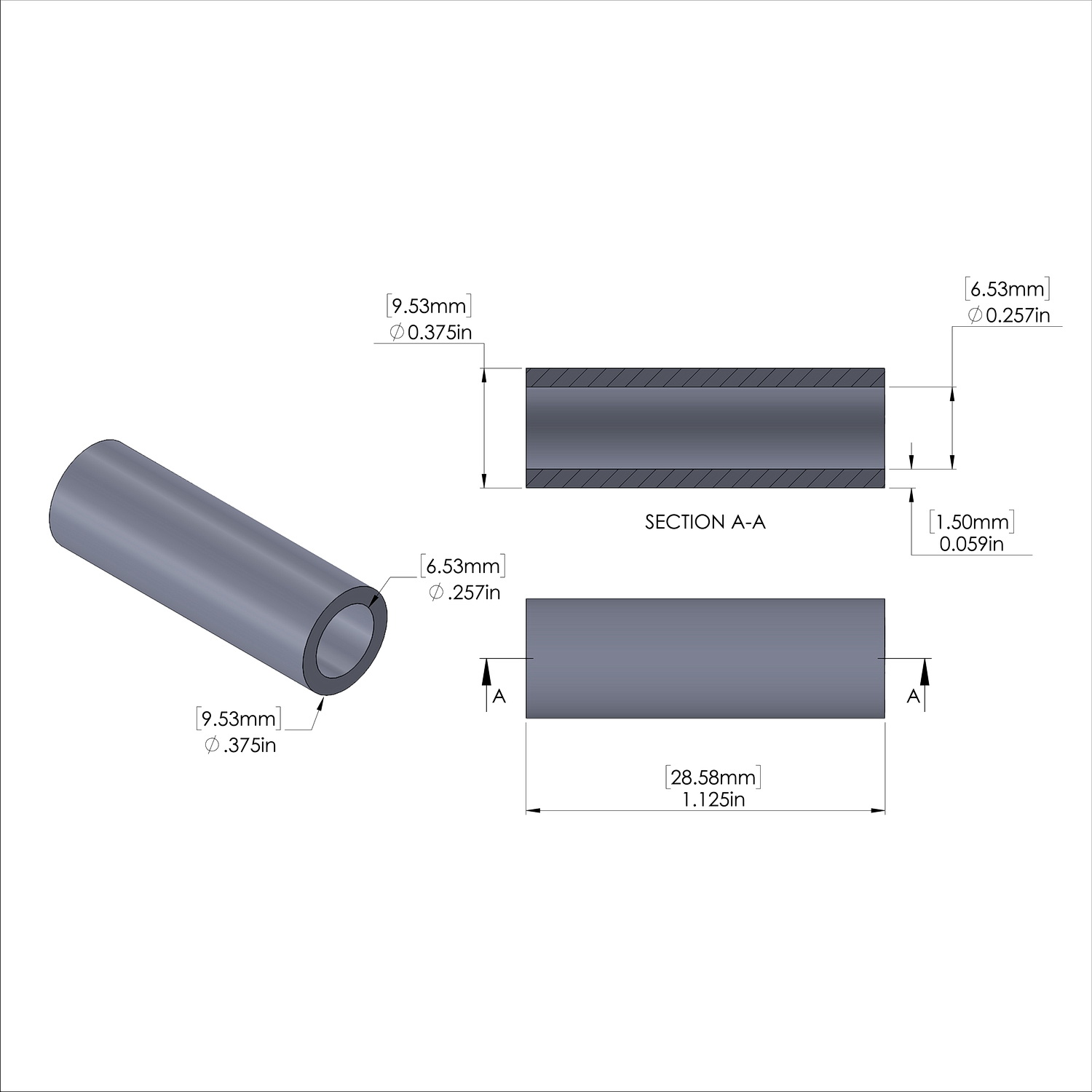 Aluminum Spacer 3/8'' OD x .257'' ID x 1-1/8'' Long, Plain Aluminum Finish