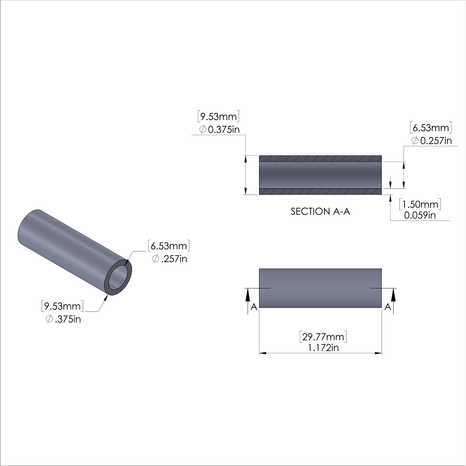 Aluminum Spacer 3/8'' OD x .257'' ID x 1-11/64'' Long, Plain Aluminum Finish