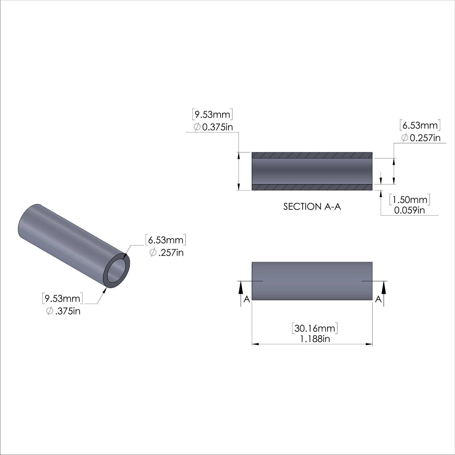 Aluminum Spacer 3/8'' OD x .257'' ID x 1-3/16'' Long, Black Anodized Finish
