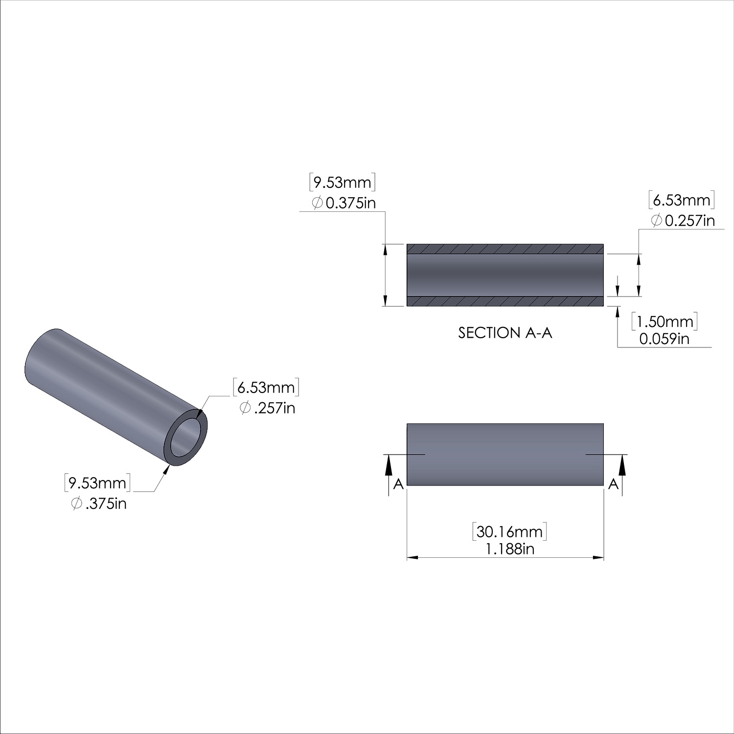 Aluminum Spacer 3/8'' OD x .257'' ID x 1-3/16'' Long