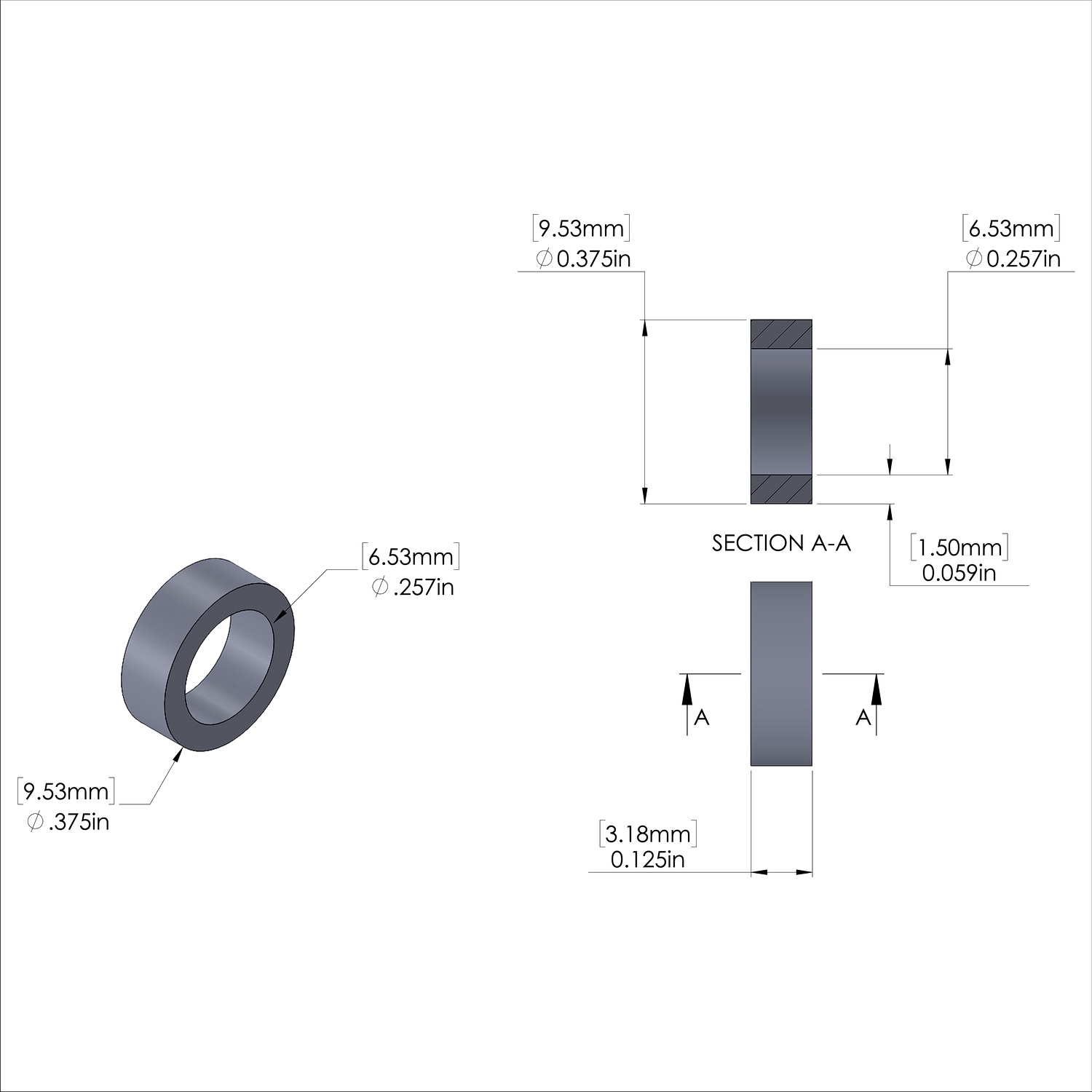 Aluminum Spacer 3/8'' OD x .257'' ID x 1/8'' Long, Plain Aluminum Finish