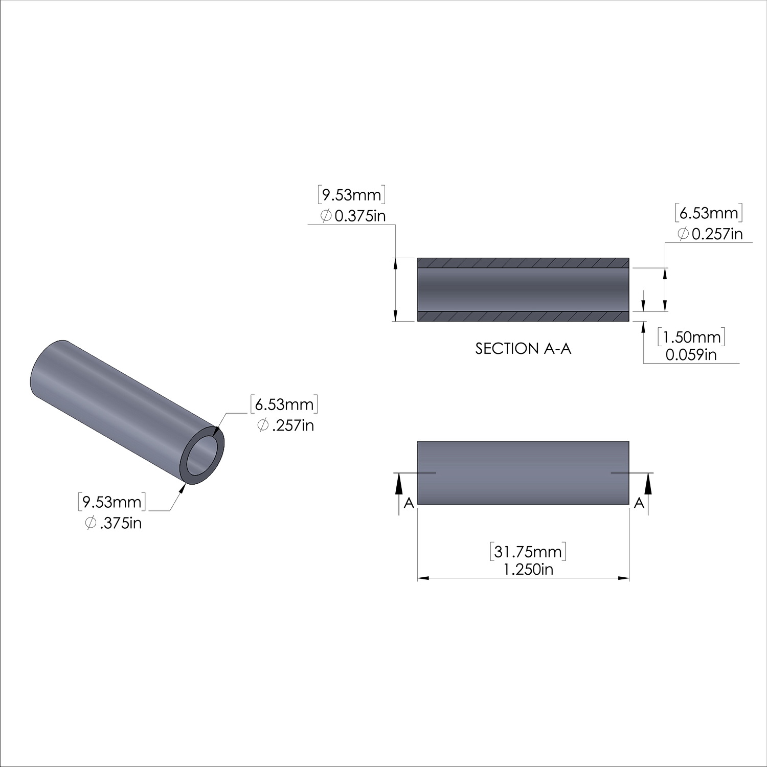 Aluminum Spacer 3/8'' OD x .257'' ID x 1-1/4'' Long, Black Anodized Finish