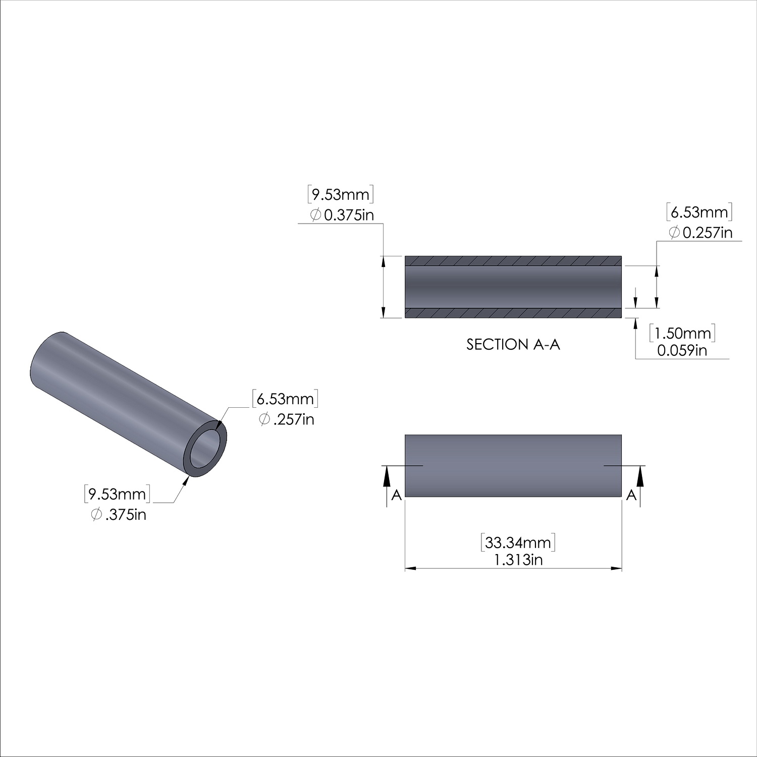 Aluminum Spacer 3/8'' OD x .257'' ID x 1-5/16'' Long, Plain Aluminum Finish
