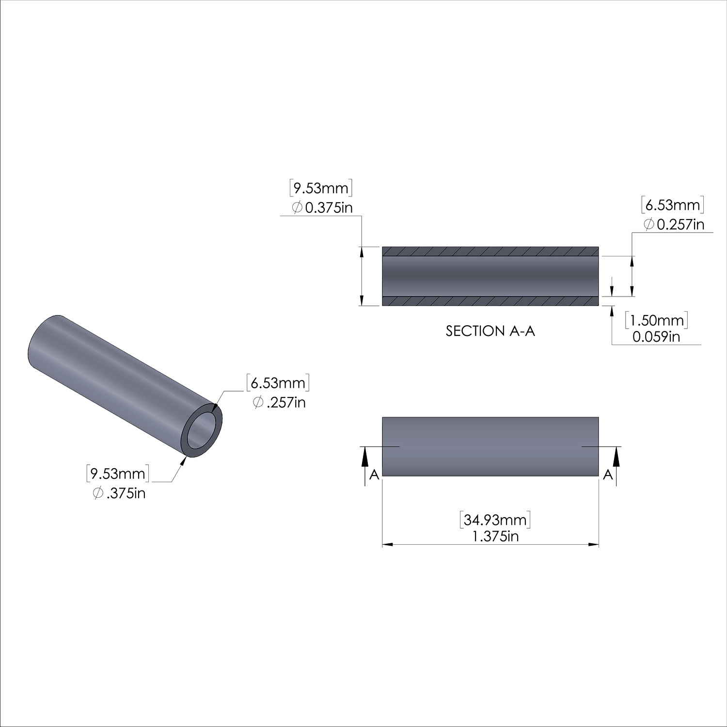 Aluminum Spacer 3/8'' OD x .257'' ID x 1-3/8'' Long, Black Anodized Finish
