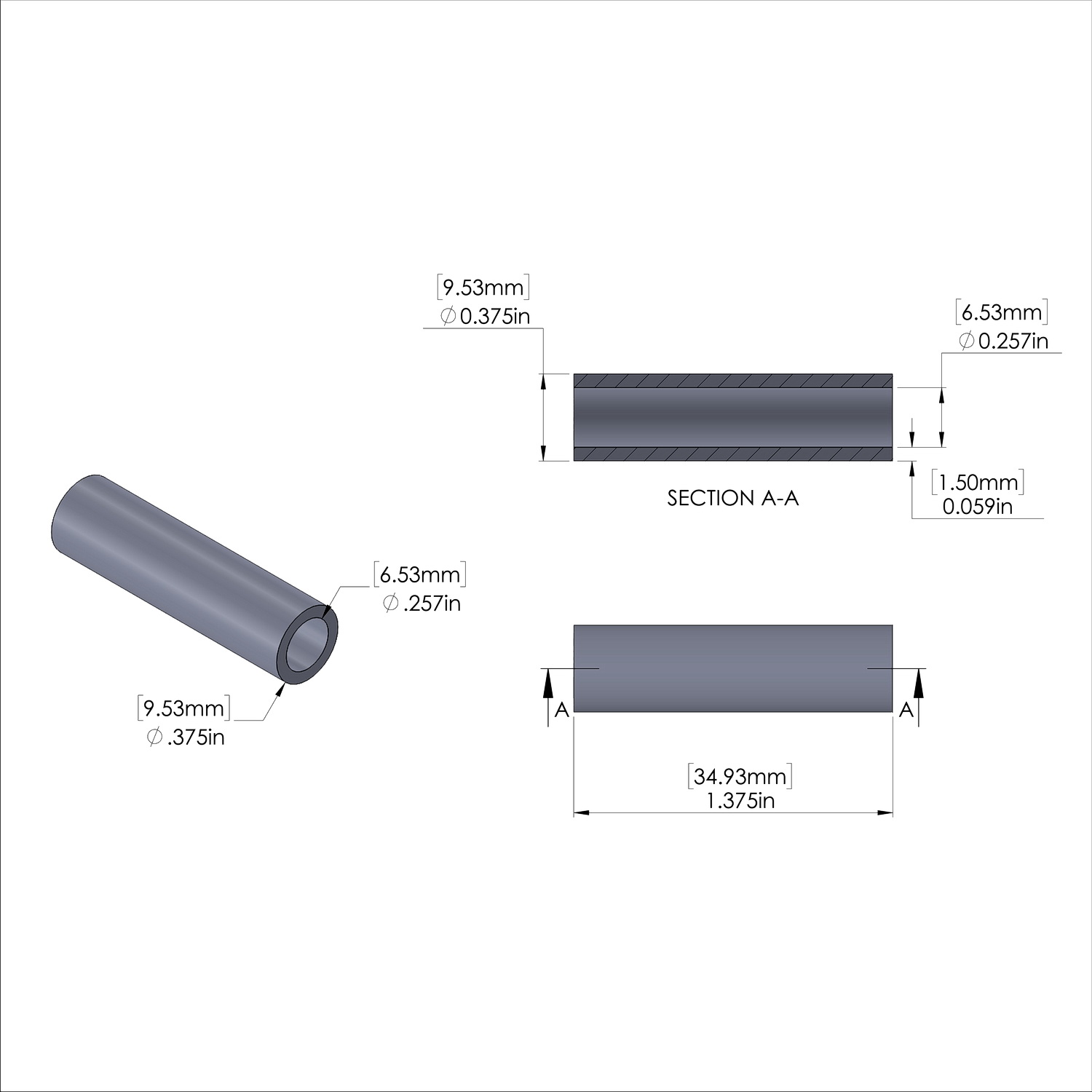 Aluminum Spacer 3/8'' OD x .257'' ID x 1-3/8'' Long, Plain Aluminum Finish